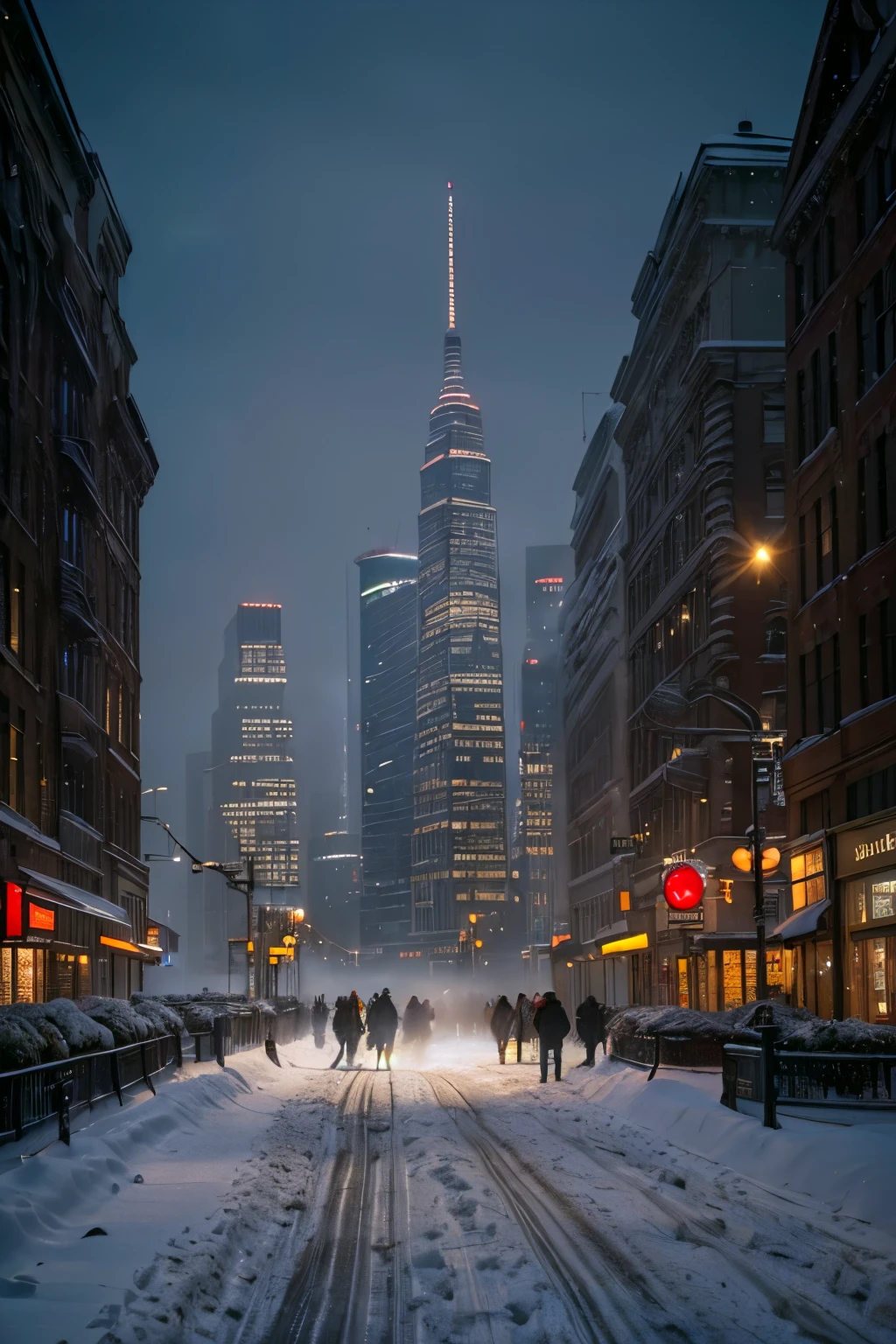beautiful detailed winter city landscape, snowy streets, tall skyscrapers, christmas lights, people walking, warm lighting, atmospheric fog, cinematic composition, photorealistic, (best quality,8k,highres,masterpiece:1.2),ultra-detailed,(realistic,photorealistic,photo-realistic:1.37),HDR,UHD,studio lighting,extremely detailed,professional,vivid colors,concept art