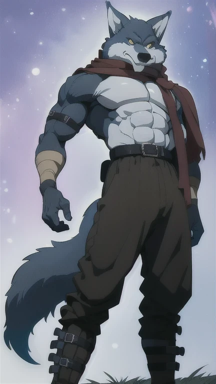 Bergamo _., posing for the camera , Presume. 4k, High resolution, the best quality , published in e621 , Alone, anthropogenic body , man , , man , ( correct muscles , detailed muscles , eyes, broad chest, pectorals, biceped:1.1), correct anatomy , correct proportions, Anatomy of the Taran ,, (white clouds, in a meadow, cielo azul:1.0), (by WFA, por taran fiddler:1.0), (by black:0.8), (clear cell :1.2), cartoon shading, Reliable , strong, (Long wolf tail :1.0), (pantalones, belt:1.1), ( half black :1.2), (Detailed Bergamo _Eyes of .:1.1), pose strong, looking at the camera , scarf, pose strong, bare chest intense colors, yellow eyes , fluffy wolf tail , correct profile posture .
