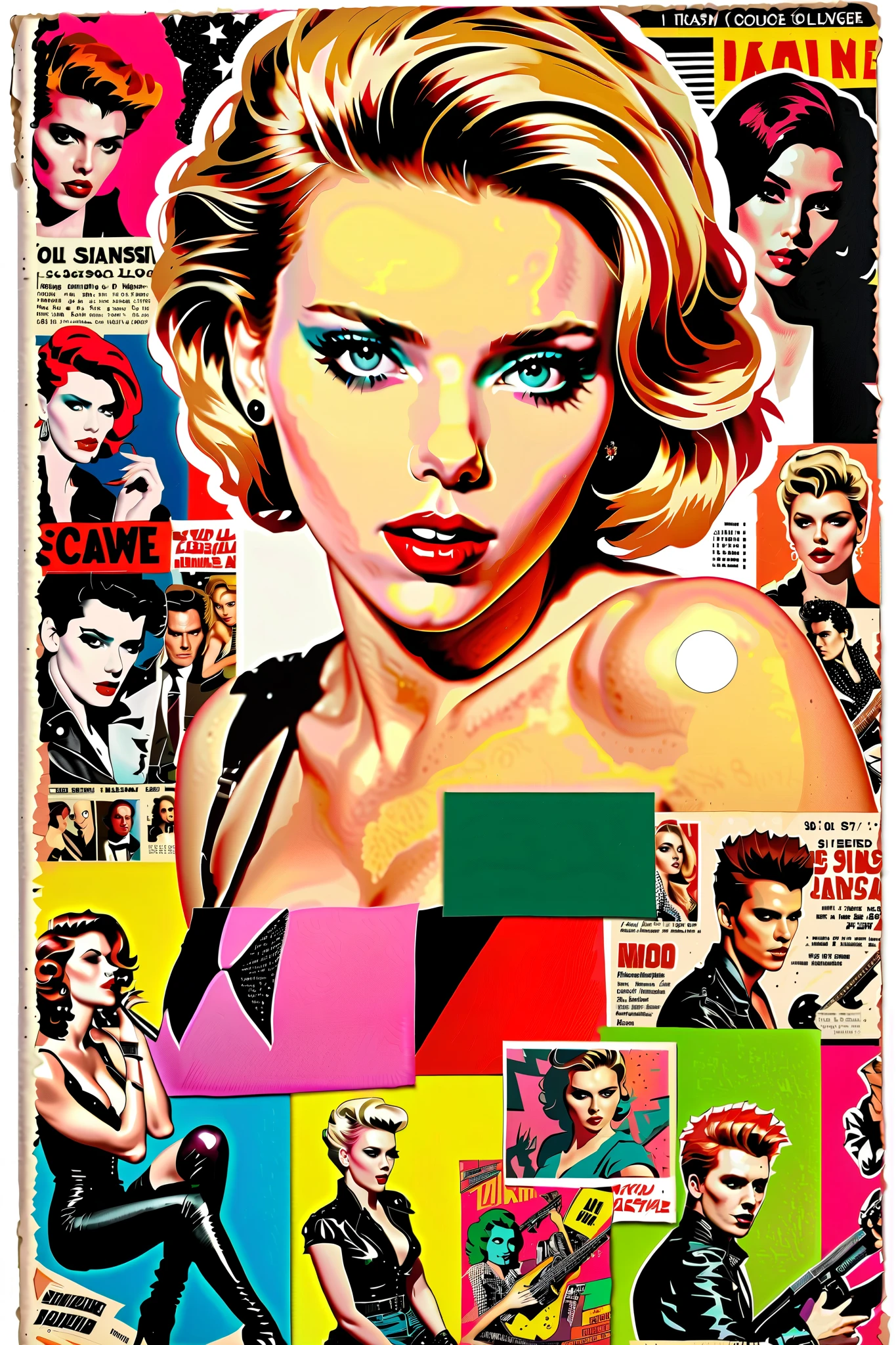 scarlett johansson Punk Collage 1980's rockstar comic book collage on a journal page colorful RGB color