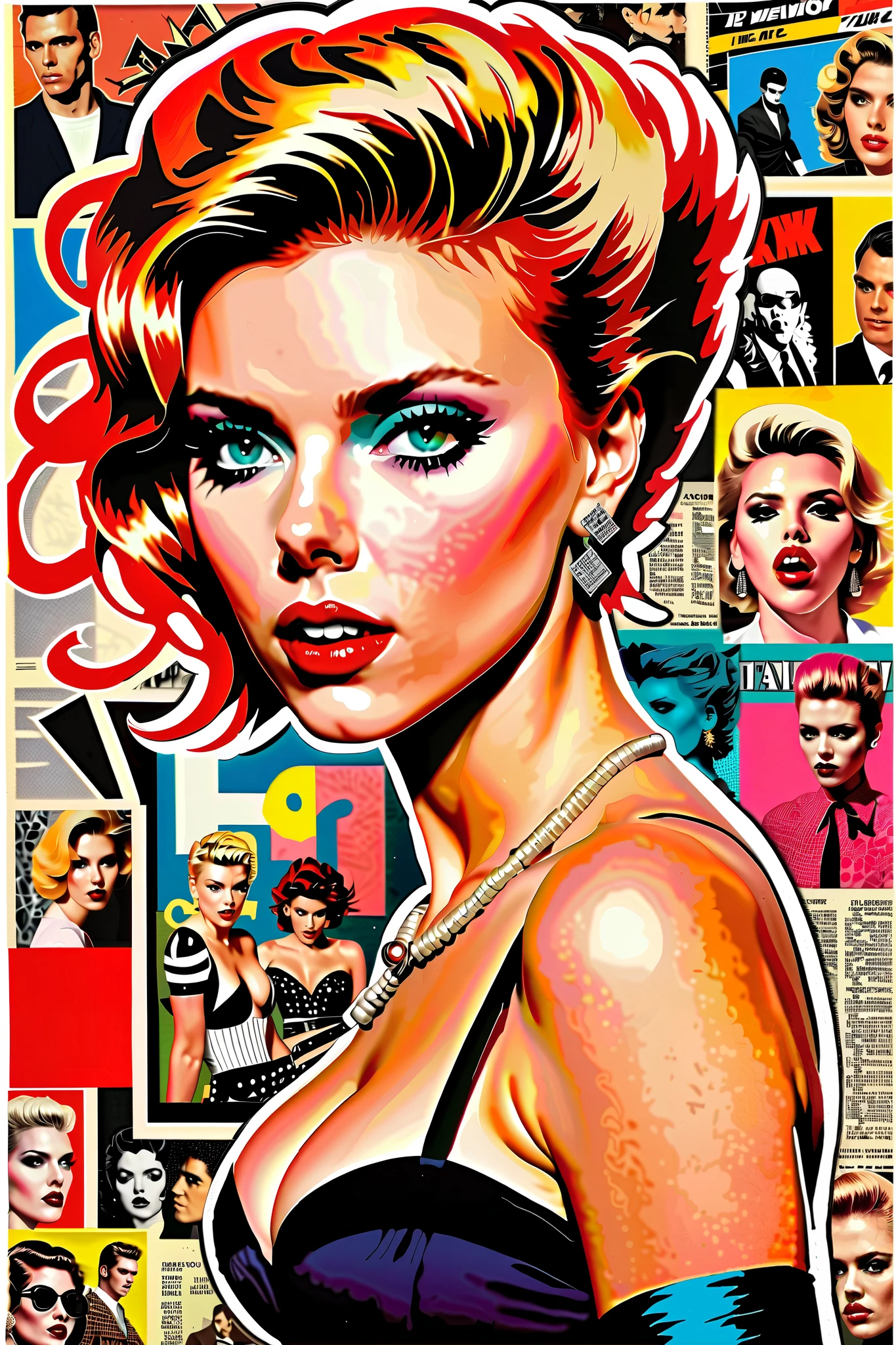 scarlett johansson Punk Collage 1980's rockstar comic book collage on a journal page colorful RGB color