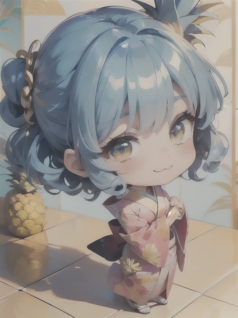 (masterpiece、 Fresh Pineapple:1.4)、(Anime Moe、Chibi Body、 sharp face、 thin legs 、Light-reflecting skin、 white skin、Delicately drawn fingers、Five fingers、Human hand)、( Light Blue Hair Color , Short chignon hair、 curly hair 、 golden eyes、:3, stupid hair:1.5)、( cute pose、 winks、 in front of the store、 pink kimono、Diagonal upward angle:1.2)、(white wallpaper background 、Tile floor:1.2)