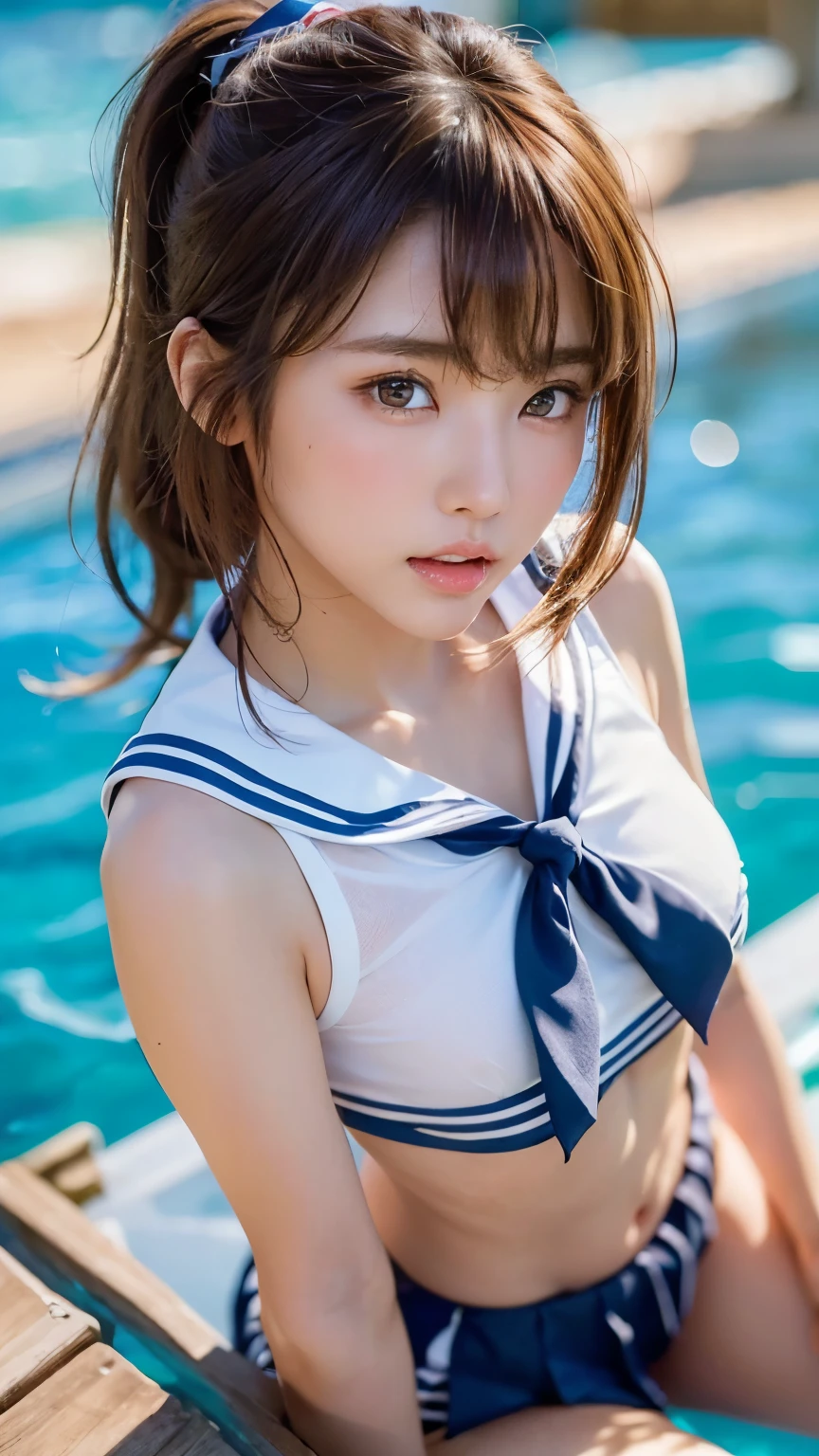 (Highest quality, DSLR camera, 8k, top quality, high resolution, top quality, highest resolution, very beautiful woman, perfect anatomy), light brown eyes, very light brown eyes, small diamond-shaped earrings, looking at the camera, beautiful brown hair, ((baby face, relaxed and cute medium ponytail, showing beautiful thighs)), very short and beautiful bangs with brown hair, E-cup breasts, showing beautiful décolletage, very beautiful 20-year-old, lip gloss, sexy serious expression, upper teeth, beautiful teeth, (random summer beautiful ocean or pool horizon (background only), slightly larger eyes, small face, tall supermodel, beautifully proportioned model, (random cute pose showing thighs), dynamic angle, eye focus, head tilt, very detailed and realistic, very beautiful 20-year-old, ((Medium Shot)), sharp jawline, ((high school girl sailor uniform)), deep waistline, sexy legs, front view, sexy serious expression, summer afternoon