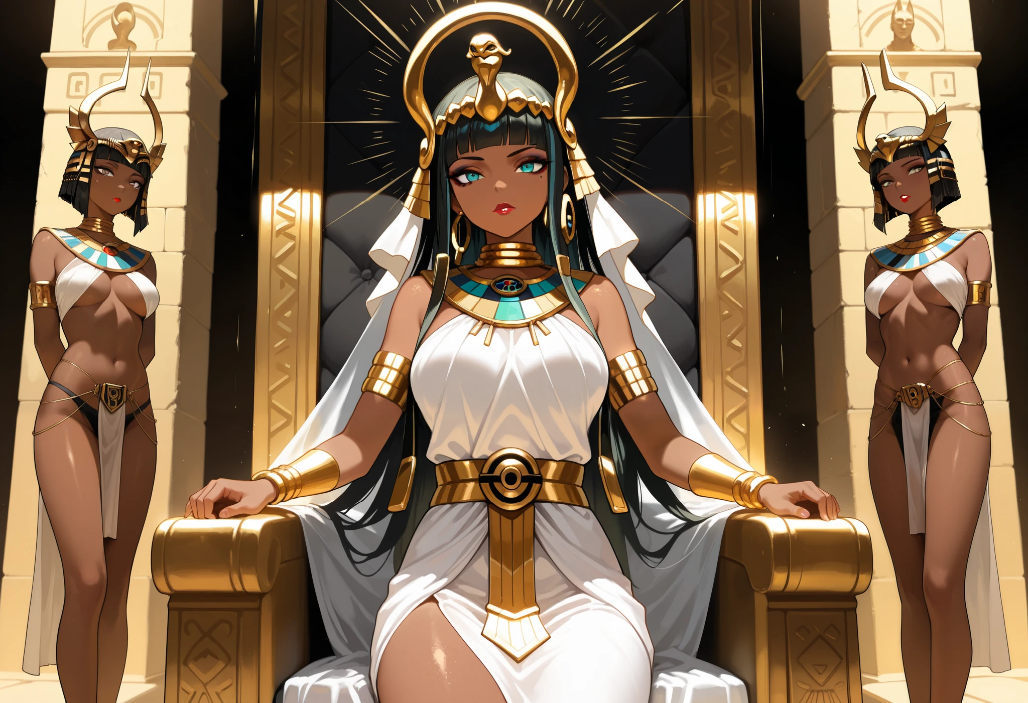 ((best quality)), ((masterpiece)), (detailed face and eyes), perfect face, accurate, textured skin, high details, highres, Cleopatra, queen of ancient Egypt, in silk dress, jewelled crown, lipstick, cowboy shot, Tanned skin, brown skin, throne, whole body