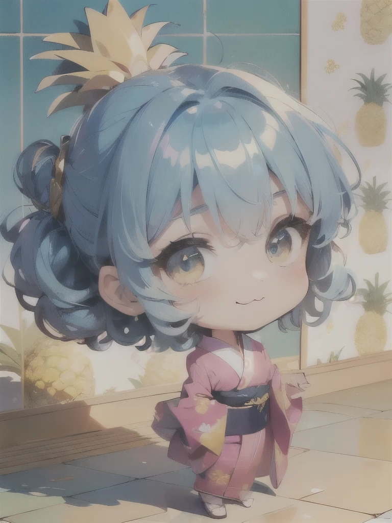 (masterpiece、 Fresh Pineapple:1.4)、(Anime Moe、Chibi Body、 sharp face、 thin legs 、Light-reflecting skin、 white skin、Delicately drawn fingers、Five fingers、Human hand)、( Light Blue Hair Color , Short chignon hair、 curly hair 、 golden eyes、:3, stupid hair:1.5)、( cute pose、 winks、 in front of the store、 pink kimono、Diagonal upward angle:1.2)、(white wallpaper background 、Tile floor:1.2)