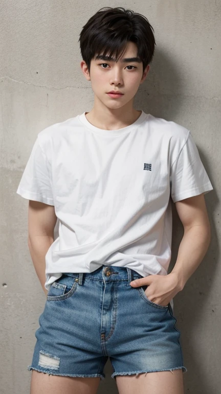 Japanese 18 year old boy
cute face
white t-shirt
jeans shorts
Crotch bulge