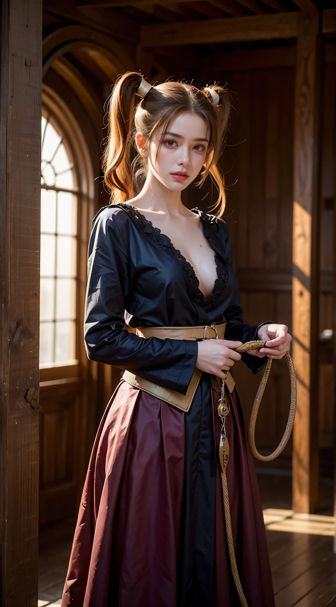 robe　with DRAGON CREST　、twintail.Orange　hair、(holding whip) 、standing. detailed face、 クリーヴィッジ,イヤリング,  ジュエリー, ネックレス、Ultra Realistic:1.2、  real fantasy art. attractions  ,masterpiece, best quality, ultra detailed, realistic lighting.real skin. wet skin