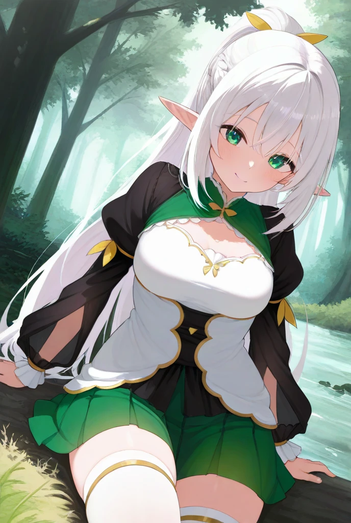 beautiful female elf with white hair with two pigtails, green eyes, big pointy ears, short white dress with gold details, black tights and brown boots, wonderful and magical forest