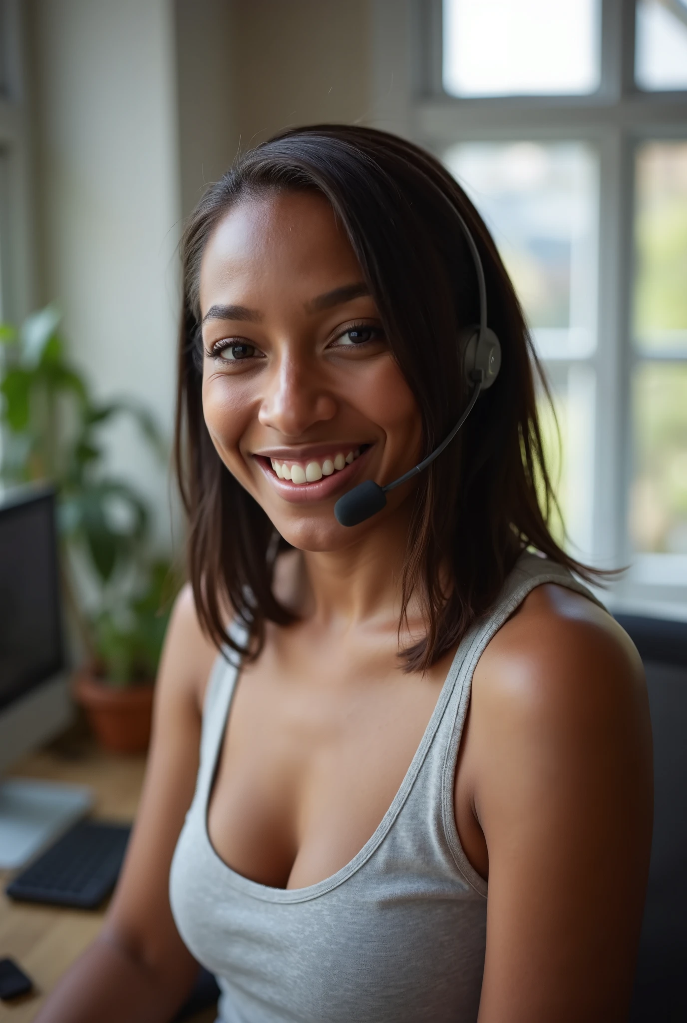 A 30 years old black woman. Tank top. Talking in a headset. Smiling. Office environment. Natural light. Hard shadows.