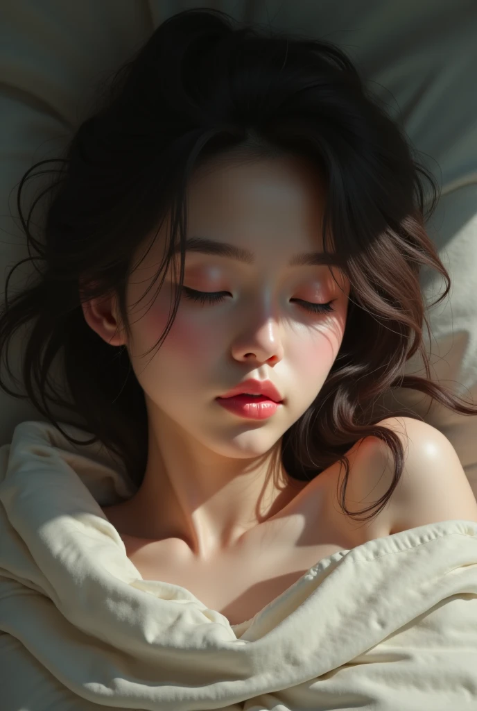 (shoulder length straight hair: 1.2),（Very detailed CG 8k wallpaper），（Incredibly stylish and beautiful），（masterpiece），（best quality:1.0），（초high resolution:1.0），A beautiful light comes on，perfect lightning，Realistic Shading，[high resolution]，Smooth, flawless, fair skin，Very exquisite facial details，Ultra-detailed，female，small head,dawn,glimmering,closeup,at home,in the bedroom,lying on one&#39;s back in bed,blue green background,(close one&#39;s eyes:1.5), sleeping, faint, Enjoying a relaxed and drunken expression,(dehisce:1.3),(drooling:1.4)，Top-down overhead camera perspective，small face,（perfect body:1.1）,，flat chest，slim,(beige pajama shirt:1.5),(beige pajama pants:1.3),slim 다리,M legs,(female orgasm:1.5),(blush:1.3),Ahegao,cowboy shot,portrait
