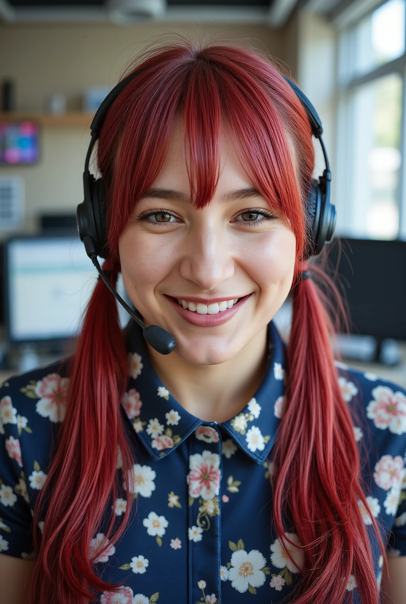 A 30 years old asian emo woman. Red and blue pigtails.Talking in a headset. Smiling. Office environment. Natural light. Hard shadows.