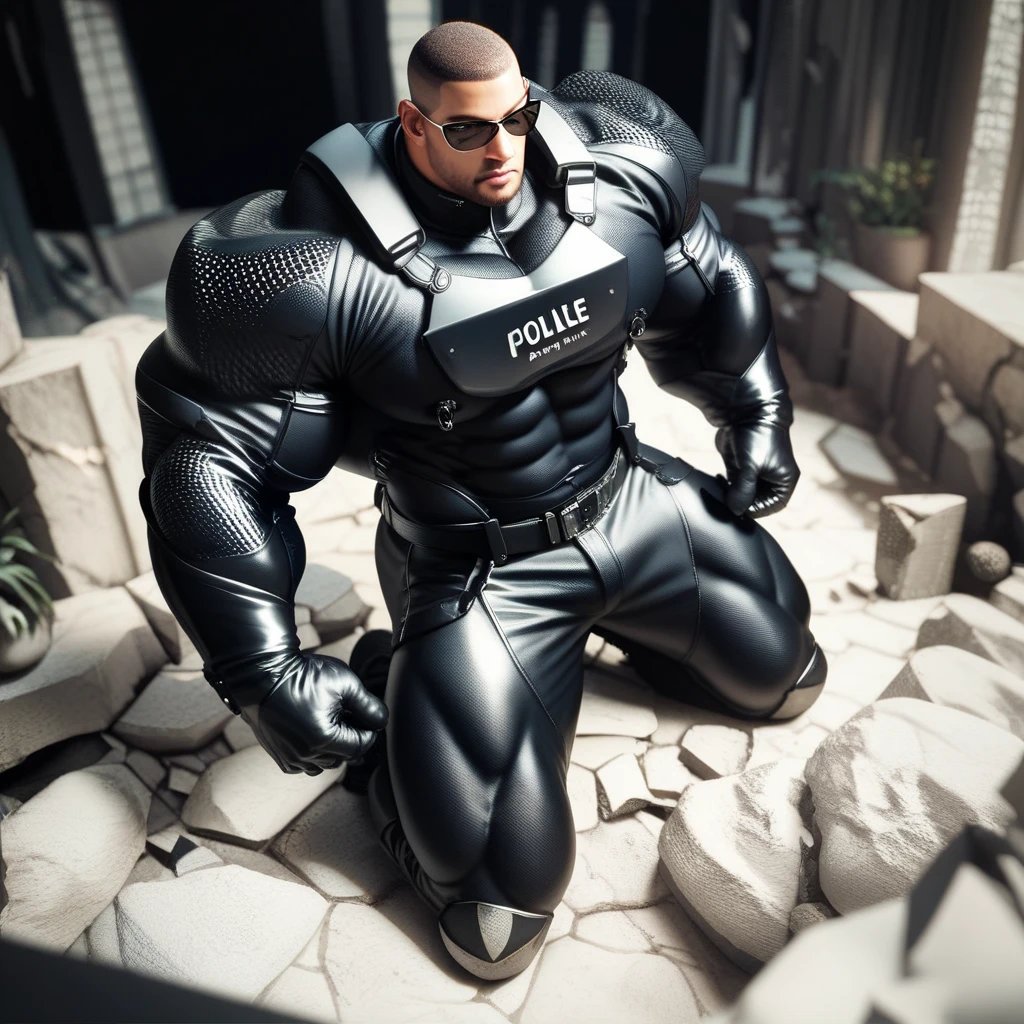 full body portrait, strong burly hairy mature older man(space captain), wearing futuristic captain's uniform insignia (neon and black) (open and revealing) (latex) , gray hair, sunglasses (neon yellow rims), broad shoulders, round belly, thick feet, bulging micro thong, barefoot, scifi spaceship captain uniform, neon lights, best quality elegant masterpiece, face looks like Tom Selleck (Magnum PI) , military buzzcut, dark mustache, gray stubble, latex, wearing a latex thong, big bulging crotch, futuristic gear equipment, wearing see through plastic chest armor (neon yellow and electric blue), wearing neon yellow see through chest armor, wearing blue latex chaps, wearing cool neon sneakers,in spaceship cockpit, lying back in a pilot chair, smiling with teeth showing, nicebulge, one leg propped up