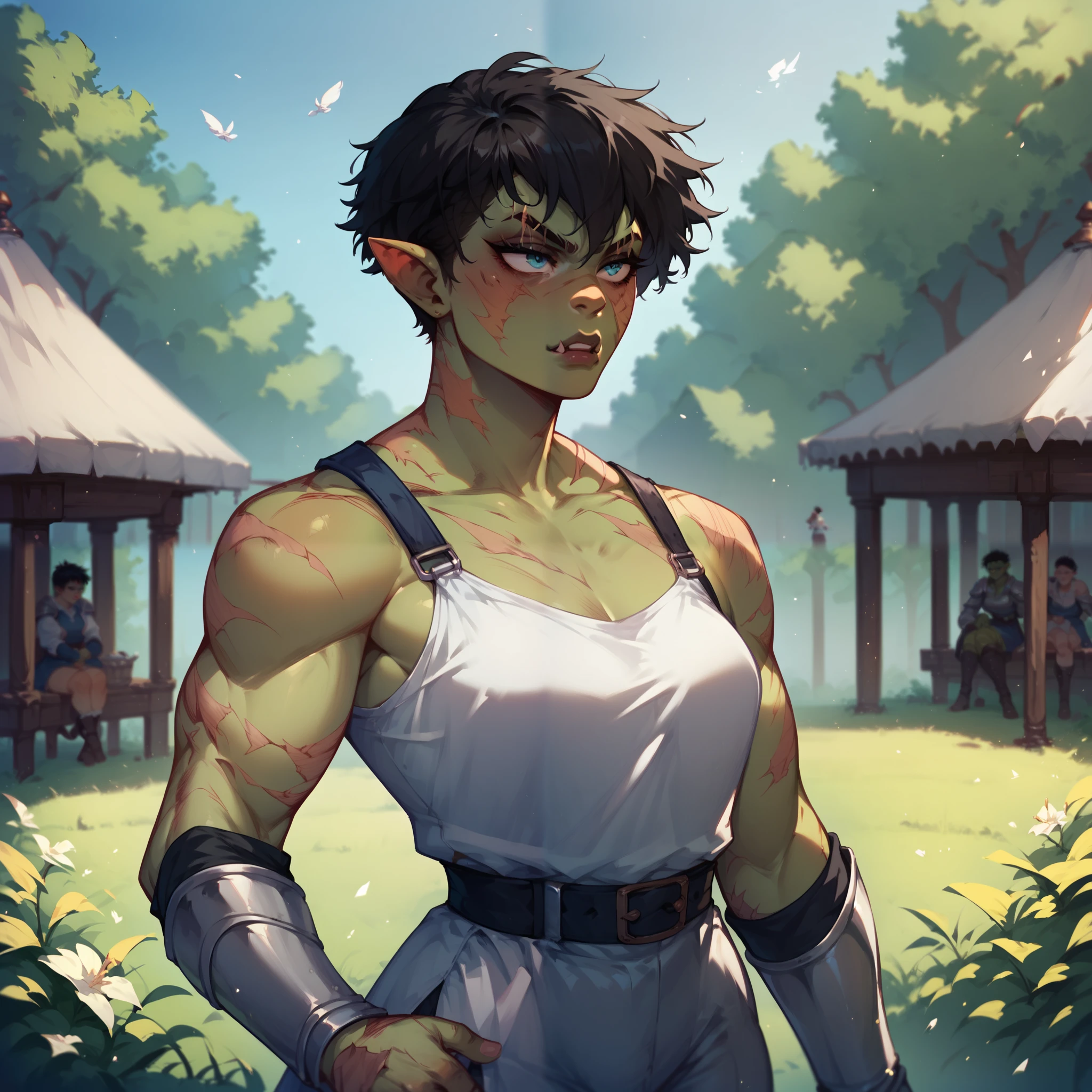 a tomboy orc. she has green skin and blue eyes with black hair. she is wearing armor and has scars all over her. she has no love in her eyes as they bas under them. she stands in a medieval battlefield.