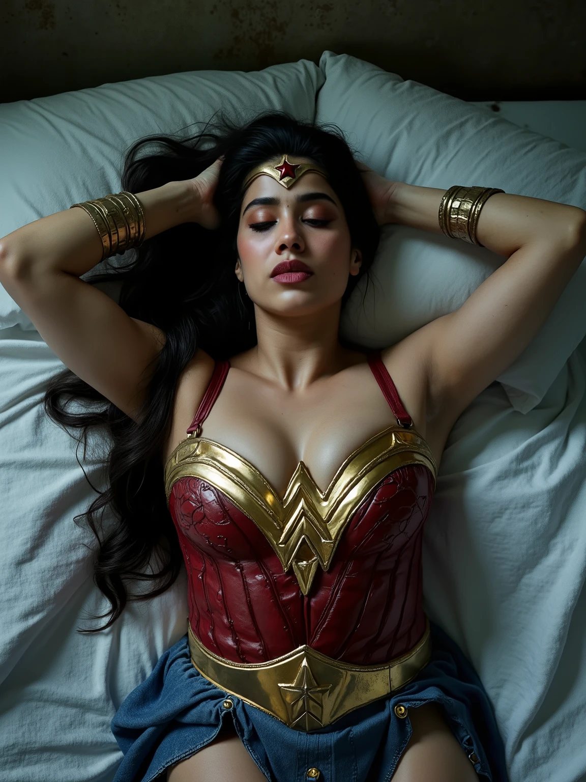 1girl, beautiful girl, wonder woman, skirt, hanging, half body, (close eyes:1.3, weak, powerless, sleep), bruises body, ((lying on the bed)), bondage, slavery, restraint, (basement wall background, dirty, dark, creepy), best quality, masterpiece, arms up, comic style, cartoon source, Indian super model, wearing wonder woman outfit, sexy , huge breast, cleavage, oily skin, lusty looks, plus size model, sexy expression, high end makeup, smokey eye, black ponytail hair, 8k, cinematic,