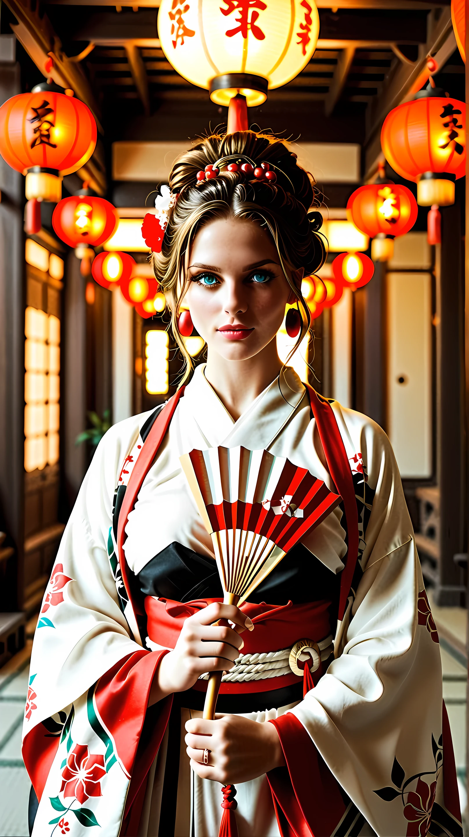 A symmetrically balanced image composition featuring a high-quality, realistic upscale of an ancient Japanese oiran. She has a full, lively, and lusciously curved bosomy shape, and is wearing a kimono wardrobe, and is holding a folding fan. captured in a center lines cinematic angle shot with central leading lines. The image has UHD ambience, with a zoomed-out perspective, soft lighting concept, and fullest depth of fields. The best 3D CG texture is applied, with realistic hands fixed accurately to full human finger anatomy. The lifelike depiction includes shiny hair, inspired by Elden Ring game artwork.Best Quality, Breasts,
