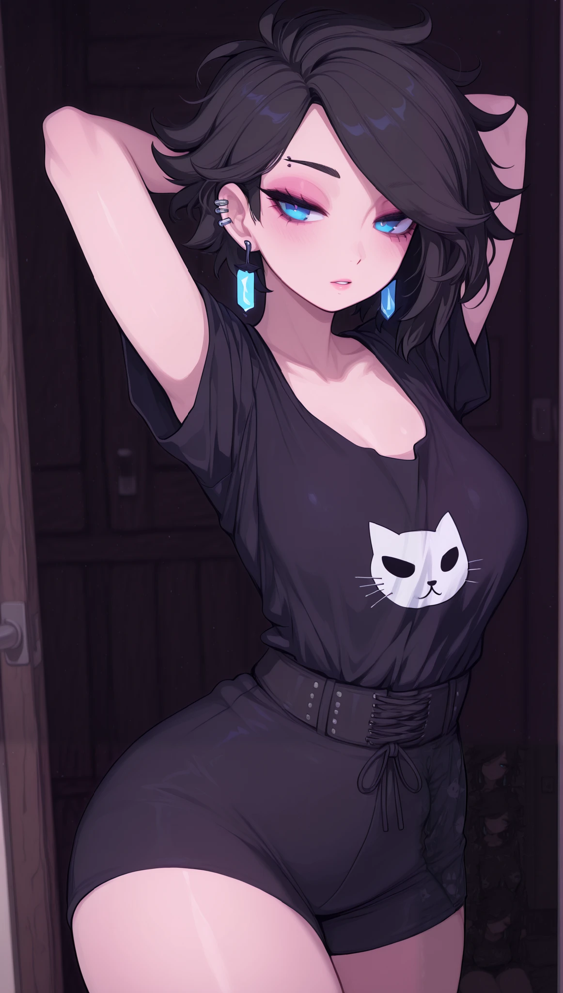 (masterpiece), (portrait), medium breasts (aesthetics), ((1 female 21 years old)), Highlight earrings), ((very short hair, piercing in the ear, punk girl style )), ((Hot black hair, messy hair, sleepy face)), straight hair, thin eyes open, blue eyes, cute, stretching, woman, looking far away, just woke up, beautiful, female features, top, high quality, aesthetic clothing, professional angle, (rule of thirds), (feminine), (beautiful) , (female ) features), solo, (Korean attractive), summer, (ink haze), (afternoon), (vibrant light), seductive posture, ((face looking forward))), loose shirt, dropped shoulders, short and wide sleeves, cat print ((Energy)), (no makeup), (medium Breasts), Fair Skin, (Clothes with Hip Hop Details, horny and slutty voluptuous woman), (a femboy girl, hot fit, voluptuous mature body, super curvy body), (Sleep Neckline), Beautiful Hands, Body beautiful, beautiful ears, beautiful eyes, bright eyes, beautiful mouth, beautiful lips, needy expression, bedroom, closet and bed, hot and thick thighs