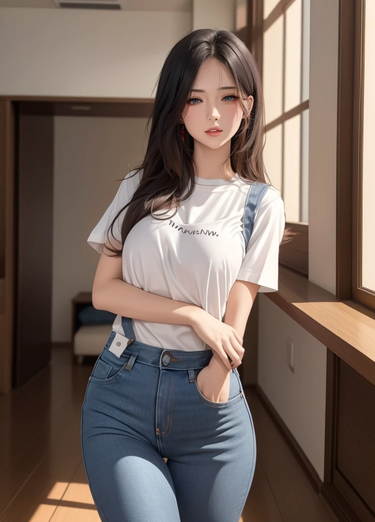 femele、　full bodyesbian、Dark hair、　Long、　smil、Y shirt、blue jeans、Narrow-eyed、asian human、poneyTail、30-years old