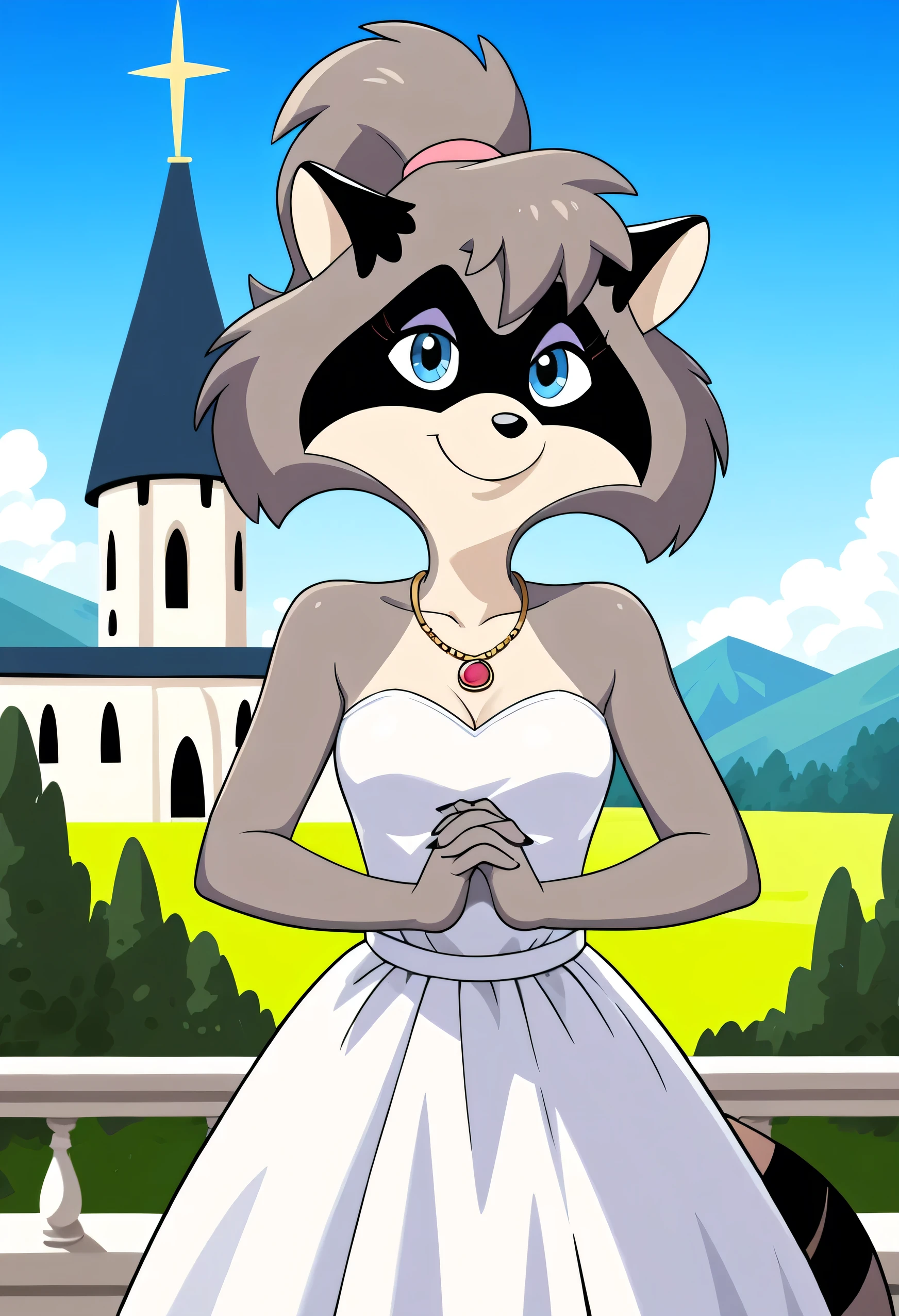 Lisa Racoon Cartoon raccoon in a wedding dress standing on a balcony - SeaArt AI
