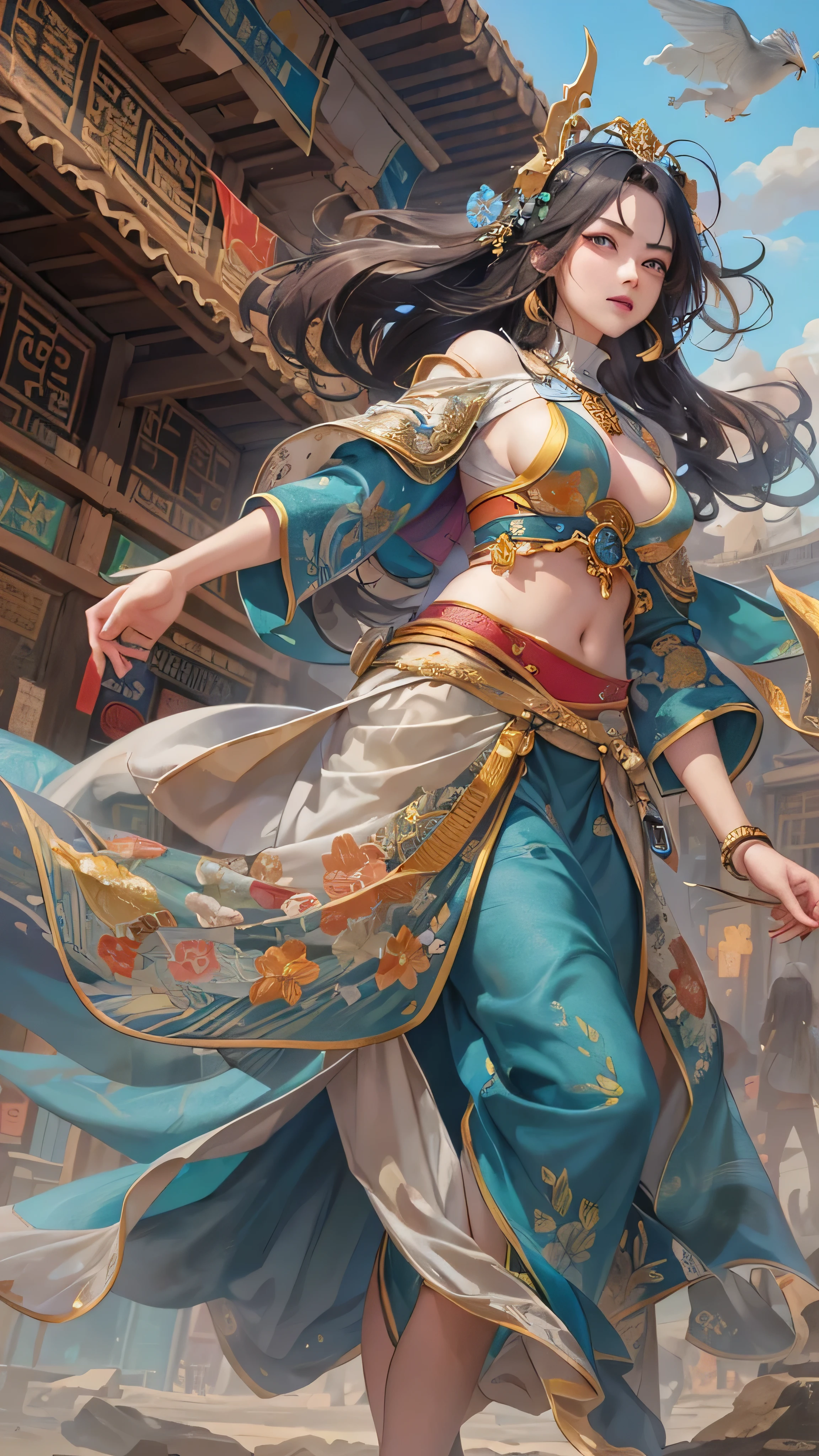 a female goddess,seducing smile, (((masterpiece))), ((best quality)), ((intricate detailed)), perspective, highly detailed, illustration,beautiful detailed eyes,seductive look, tsurime,glint,multicolored eyes,looking at side