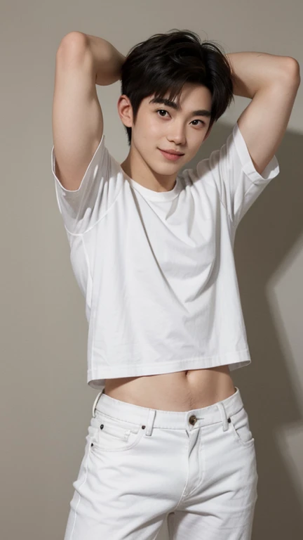 Japanese 18 year old boy
cute smile
sexy eyes
white t-shirt
Jeans hotpants
Emphasize crotch
Cross your arms behind your head
The shirt is turned over and I can see my belly button