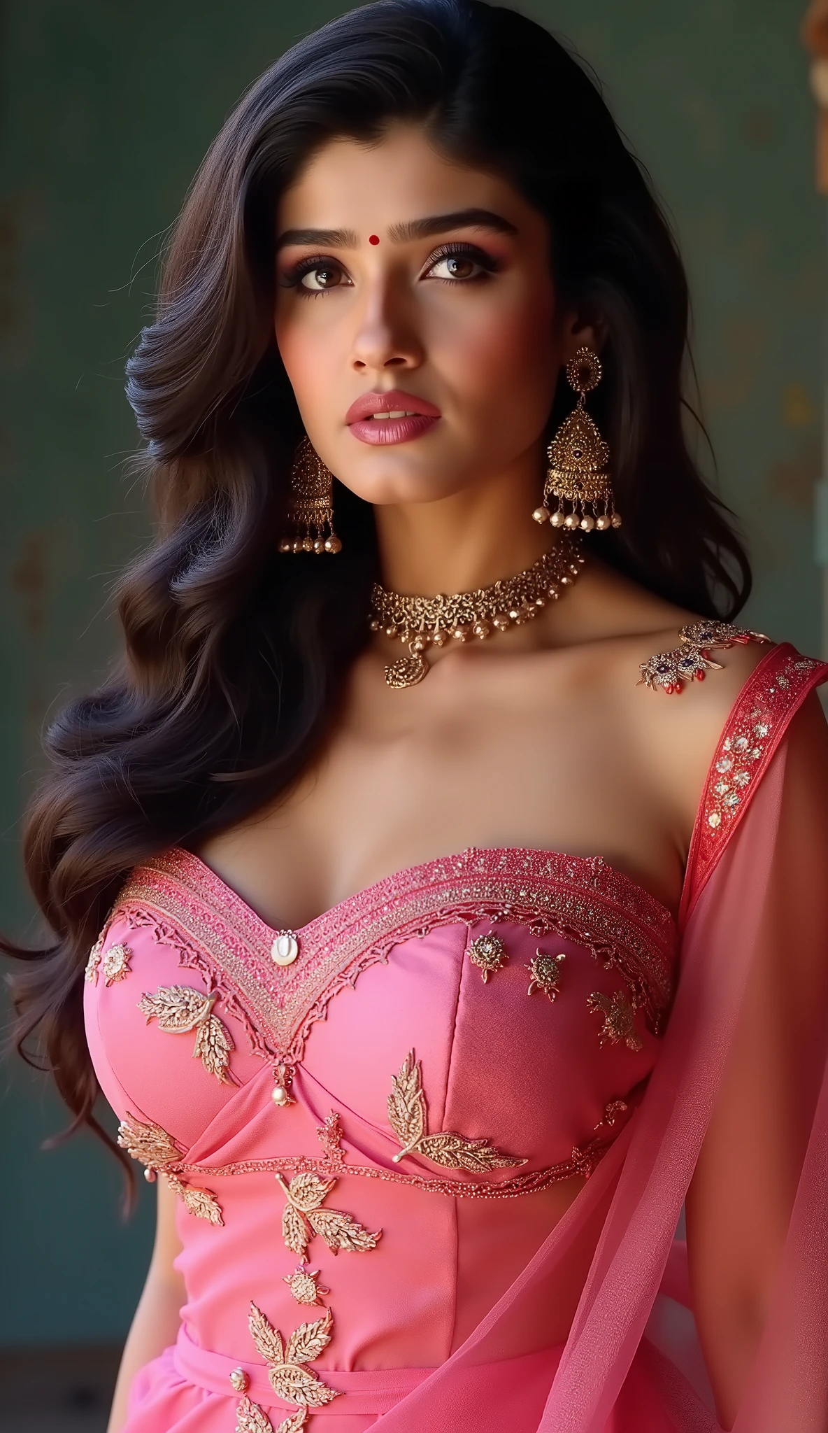 ((Indian milf, indian woman, milf)), (((ultra realistic))) Photo, masterpiece, top quality, (pale skin), (Ultra detailed face and eyes:1.2), 1 girl, Adult, ((in one size too small saree)), strapless saree blouse, ((very heavy eye makeup, pink mascara)), ((fake detailed lips)), ((Pink wavy hair)), ((Stylish hairstyle)) , (({Enormous|Gigantic|Big|Huge|Mega|Fake} pushed-up breasts)), (very slim waist). ((very huge cleavage)), photoshoot, (Soft) Lighting, (The play of light and shadows), depth of field, bokeh, (special attention to skin detail: 1.2), (special attention to enormous breast size: 1.2), (((special attention to extra tight clothing size: 1.2))), Detailed texture, skin pores, oily skin. (Erotic atmosphere of the frame. Color range - purple, Pink, Tons), UDR, ((Film grain)), ((rays)), (Glare), ((upper body body)) , ultra detialed,