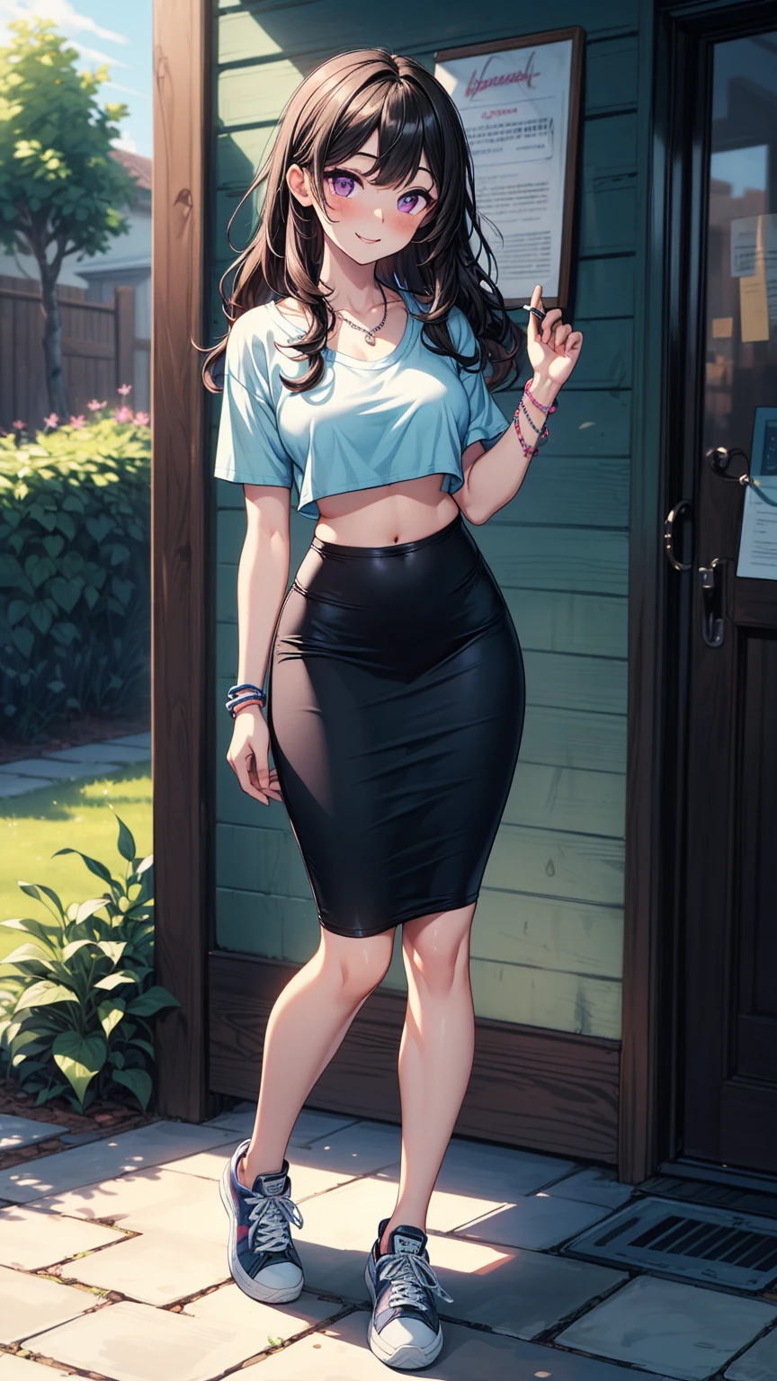 (masterpiece), (best quality), (realistic), realistic girl, adult, pale skin, blue eyes, big curly black hair, eyebrow, nose, ear, mouth, lips, neck, shoulders, medium chest, (blue shirt , short black skirt, tight tights), waist, thick legs, thick thighs, (light blue background)