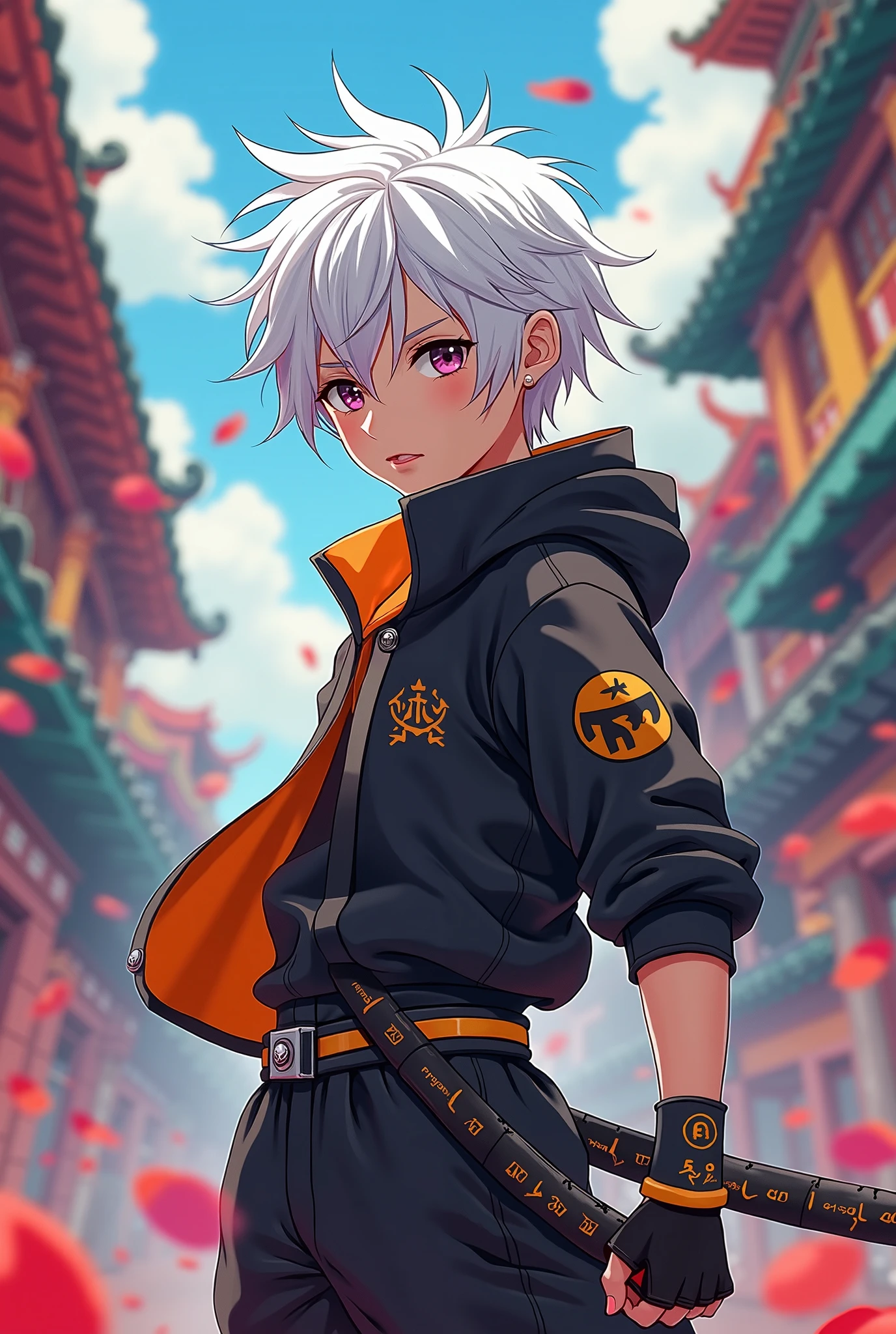 Anime character with white hair and black outfit holding a sword ...