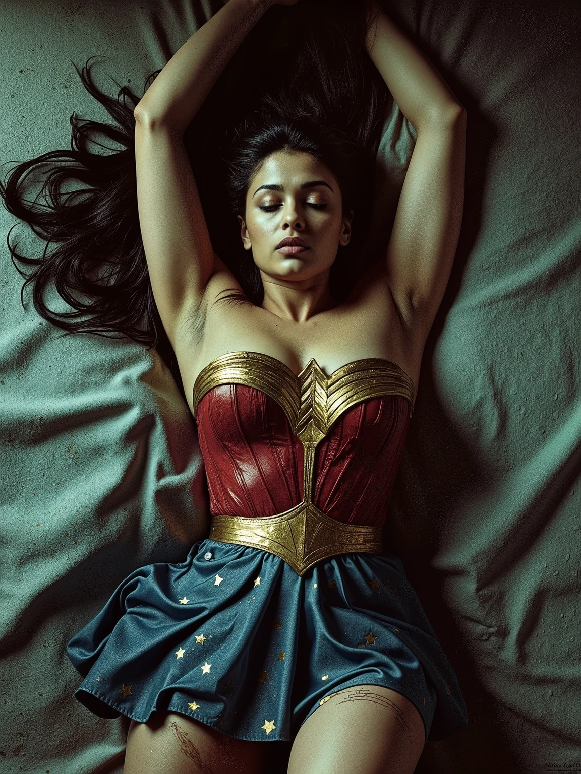 1girl, beautiful girl, wonder woman, skirt, hanging, half body, (close eyes:1.3, weak, powerless, sleep), bruises body, ((lying on the bed)), bondage, slavery, restraint, (basement wall background, dirty, dark, creepy), best quality, masterpiece, arms up, comic style, cartoon source, Indian super model, wearing wonder woman outfit, sexy , huge breast, cleavage, oily skin, lusty looks, plus size model, sexy expression, high end makeup, smokey eye, black ponytail hair, 8k, cinematic, face mix of alia bhatt and   deepika padukone