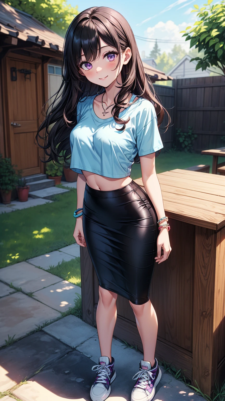 masterpiece, best quality, 1girl, beautiful woman with long wavy hair, dark brown hair, large bust, casual red tank top crop top, black midi pencil skirt, long skirt:1.25, sneakers, red baseball cap, backpack, collarbone, midriff, belly button, summer, garden, full body, looking at viewer, smile, happy,