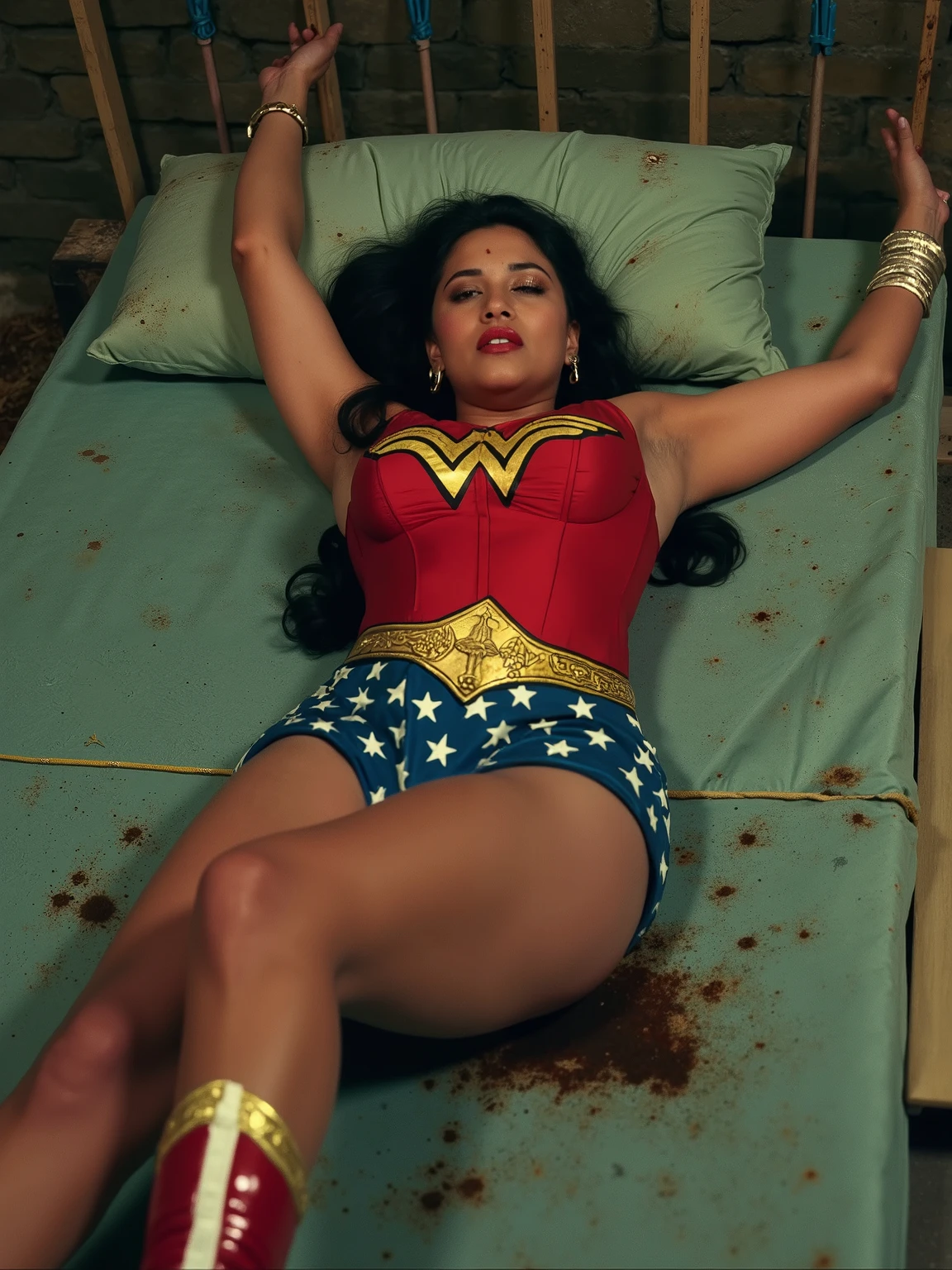 1girl, beautiful girl, wonder woman, skirt, hanging, half body, (close eyes:1.3, weak, powerless, sleep), bruises body, ((lying on the bed)), bondage, slavery, restraint, (basement wall background, dirty, dark, creepy), best quality, masterpiece, arms up, comic style, cartoon source, Indian super model, wearing wonder woman outfit, sexy , huge breast, cleavage, oily skin, lusty looks, plus size model, sexy expression, high end makeup, smokey eye, black ponytail hair, 8k, cinematic, face mix of alia bhatt and   deepika padukone
