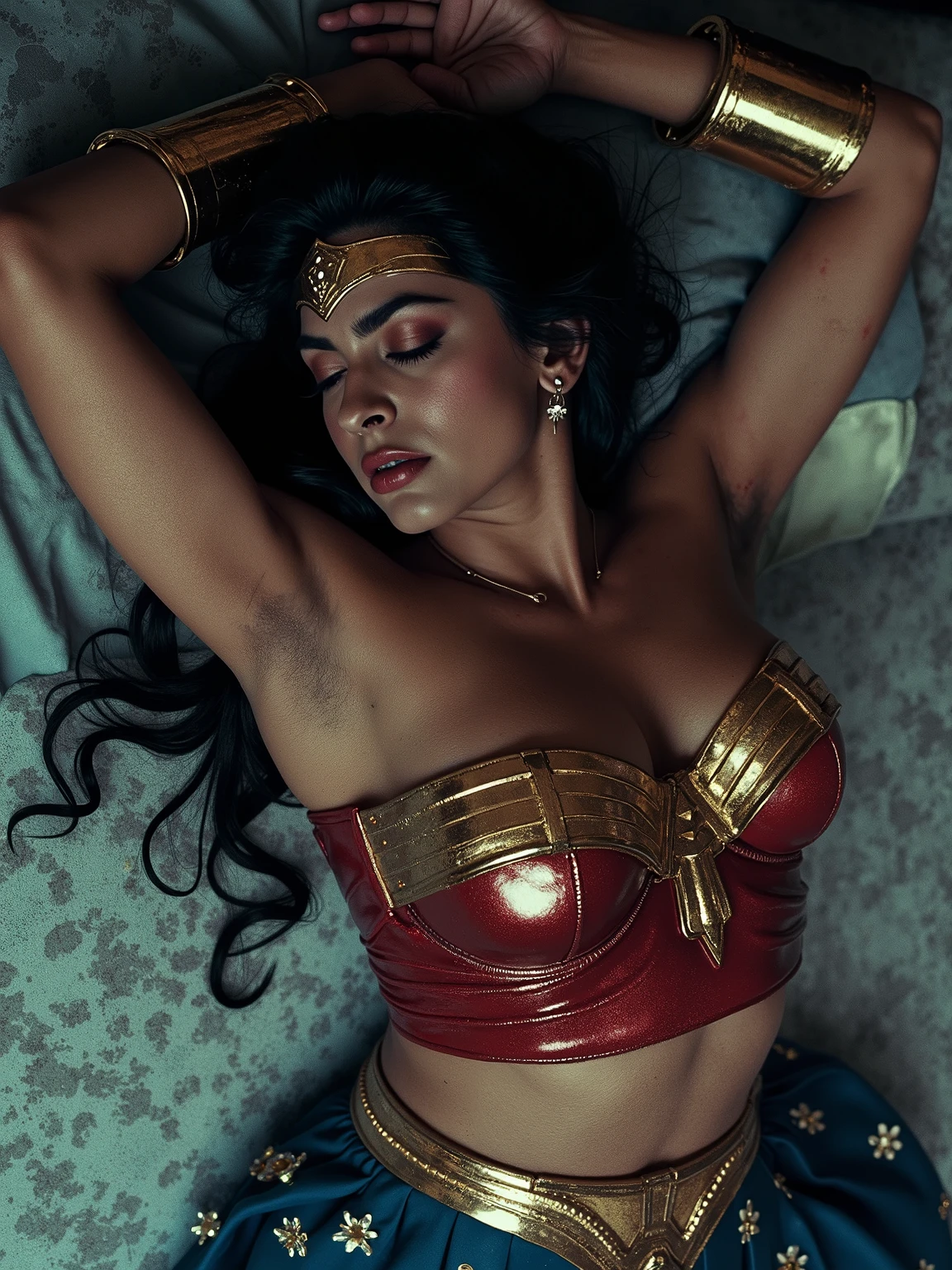 1girl, beautiful girl, wonder woman, skirt, hanging, half body, (close eyes:1.3, weak, powerless, sleep), bruises body, ((lying on the bed)), bondage, slavery, restraint, (basement wall background, dirty, dark, creepy), best quality, masterpiece, arms up, comic style, cartoon source, Indian super model, wearing wonder woman outfit, sexy , huge breast, cleavage, oily skin, lusty looks, plus size model, sexy expression, high end makeup, smokey eye, black ponytail hair, 8k, cinematic, face mix of alia bhatt and deepika padukone