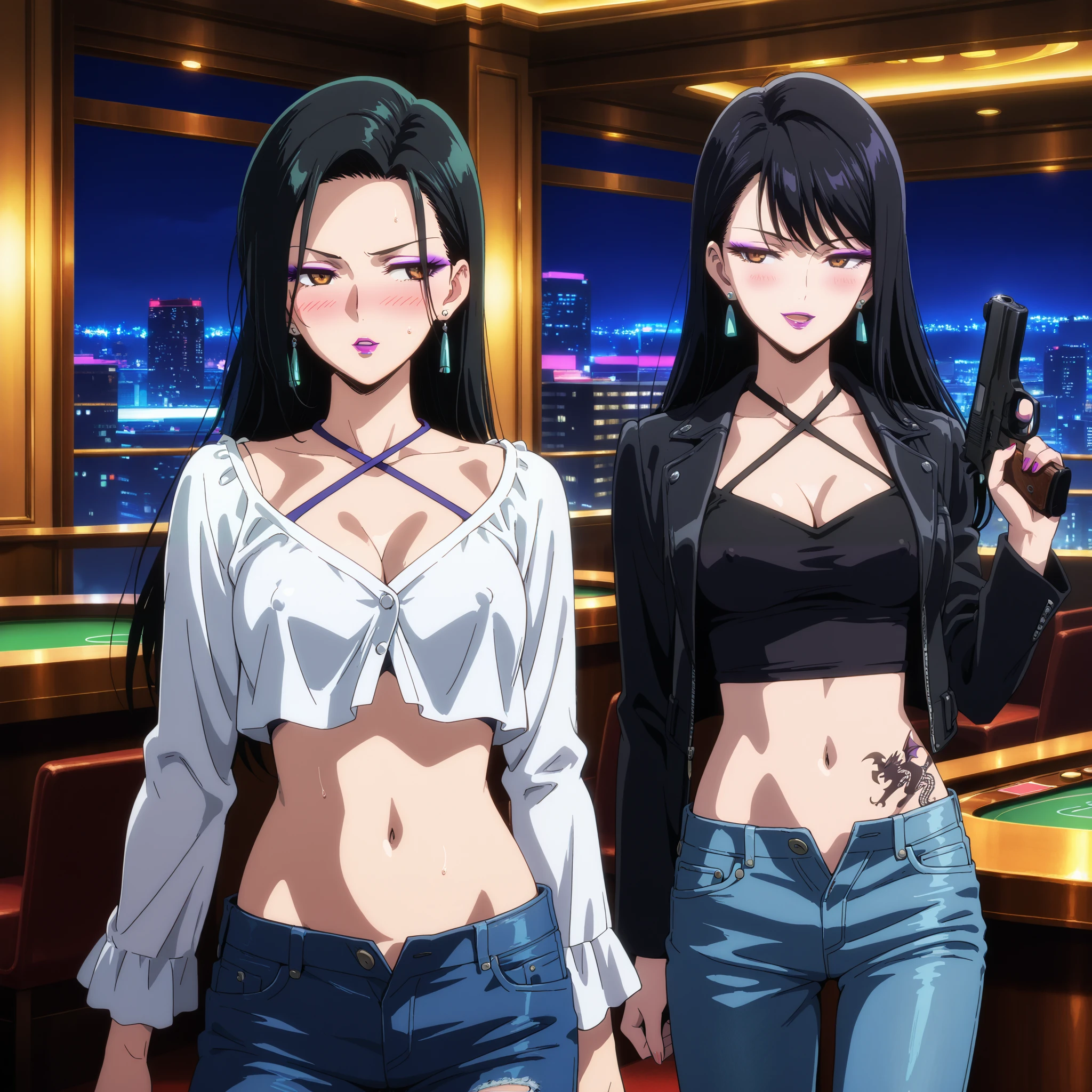 score_9, score_8_up, score_7_up, source_anime, anime screenshot,
2girls, two girls,, long hair, medium breasts, makeup, lipstick, blush, lipstick,Hot girl, baddie, bad attitude, mean girl,, sensual, attractive, jewelry, earrings, bar background, inside bar,indoors, cityscape, casino, nightclub, city lights,masterpiece,high quality,4k,belly,,holding pistol,cleavage, unbuttoned shirt, shirt, knot, smile, open mouth, (nsfw) not safe for work, evil expression, exposed belly, exposed navel, exposed midriff, exposed lower belly, crop top overhang,jacket, unbuttoned jeans , low rise black jeans, Low rise jeans, Low rise jeans with open fly, dragon tattoo, narrowed eyes, tattoo midriff, criss-cross halter,nipple slip