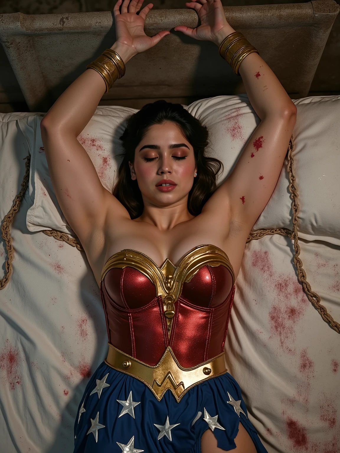 1girl, beautiful girl, wonder woman, skirt, hanging, half body, (close eyes:1.3, weak, powerless, sleep), bruises body, ((lying on the bed)), bondage, slavery, restraint, (basement wall background, dirty, dark, creepy), best quality, masterpiece, arms up, comic style, cartoon source, Indian super model, wearing wonder woman outfit, sexy , huge breast, cleavage, oily skin, lusty looks, plus size model, sexy expression, high end makeup, smokey eye, black ponytail hair, 8k, cinematic, face mix of alia bhatt and   deepika padukone