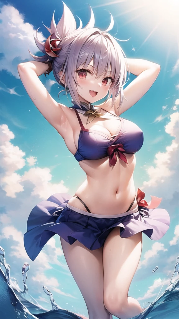 Two-dimensional anime style 16 years old white skin white hair cat ear girl wearing bikini spread hair