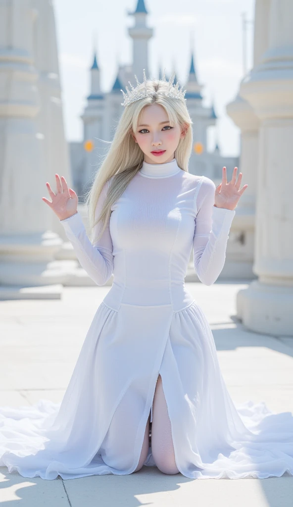18 year old girl, Lovely, very long hair, White color, chino, slim, flat bust, with freckles on the face, with slavic features, with long sleeve royalty dress, yellow, whole body, shows her legs, in the castle garden, at night, holding a sword in his hand.