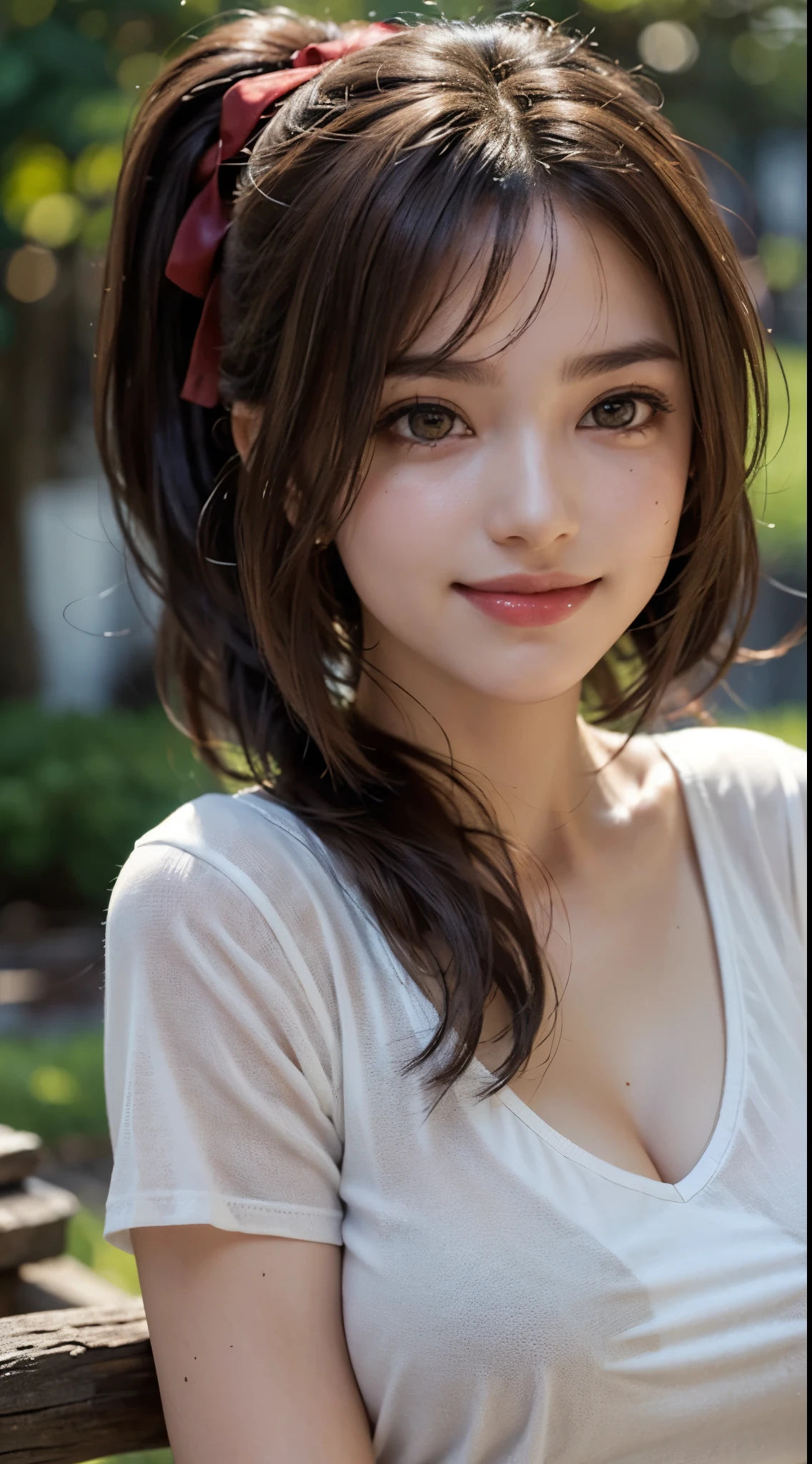 (8k, RAW Photos,Highest quality, High resolution:1.1), (Ultra-realistic:1.4),(Realistic, Realistic:1.3),The Beauty of Japan、
White leotard, ((Upper Body:1.3)), Lean Body, full Breasts,
1girl, solo, s old, sure, ahoge, single braid, hair ornament, hair flaps, hand ribbon,
BREAK Wet with rain,
BREAK ((White T-shirt, Wet sheer T-shirt)), Transparent nipples,