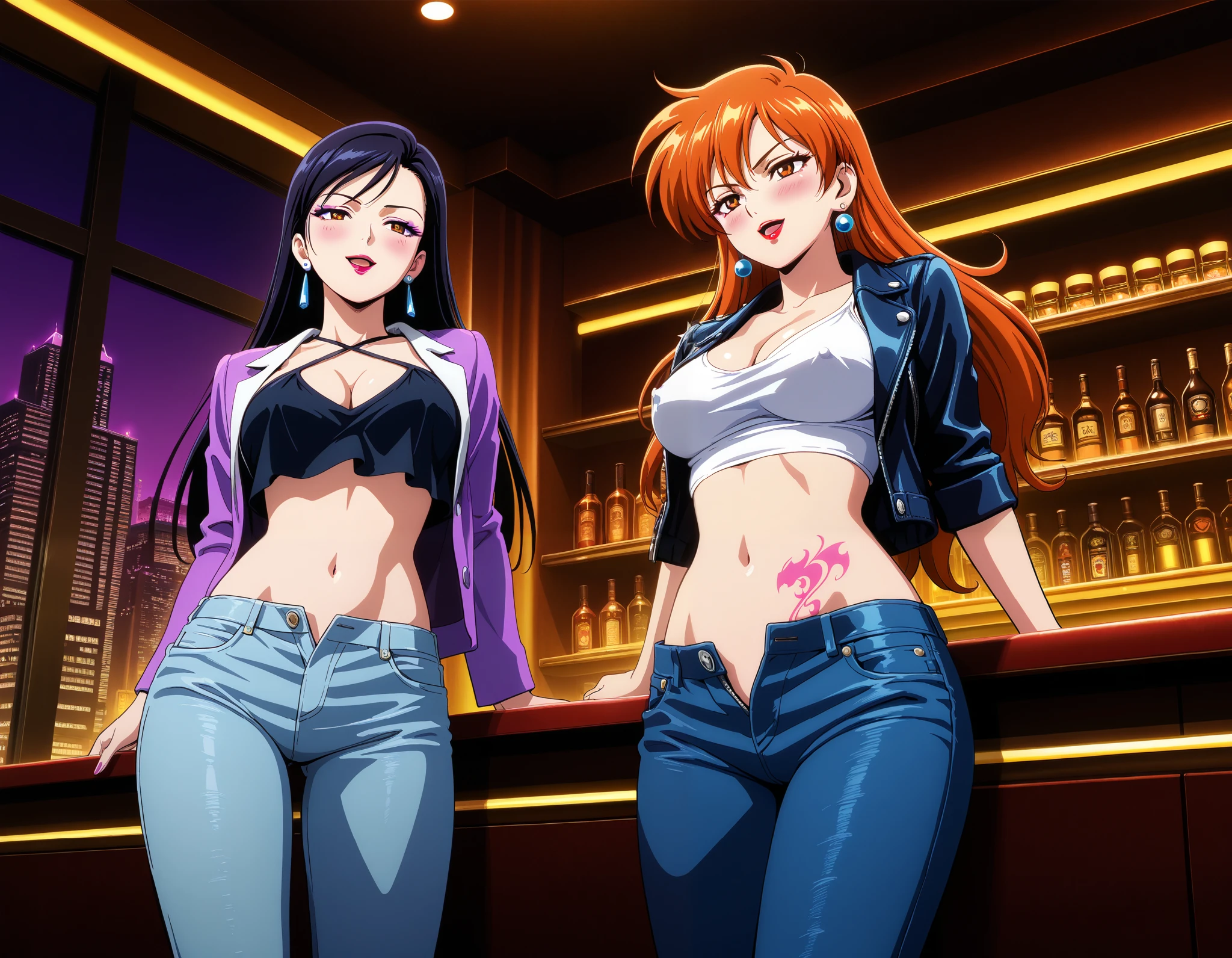 score_9, score_8_up, score_7_up, source_anime, anime screenshot,
2girls, two girls,, long hair, medium breasts, makeup, lipstick, blush, lipstick,Hot girl, baddie, bad attitude, mean girl,, sensual, attractive, jewelry, earrings, bar background, inside bar,indoors, cityscape, casino, nightclub, city lights,masterpiece,high quality,4k,belly,,holding pistol,cleavage, unbuttoned shirt, shirt, knot, smile, open mouth, (nsfw) not safe for work, evil expression, exposed belly, exposed navel, exposed midriff, exposed lower belly, crop top overhang,jacket, unbuttoned jeans , low rise black jeans, Low rise jeans, Low rise jeans with open fly, dragon tattoo, narrowed eyes, tattoo midriff,,,from below, criss-cross halter,nipple slip