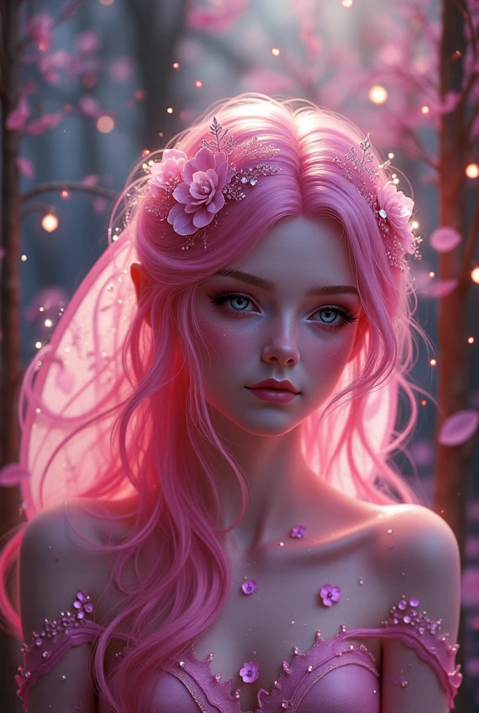 A beautiful woman with rose-gold hair and golden eyes, with rose quartz stones in her hair