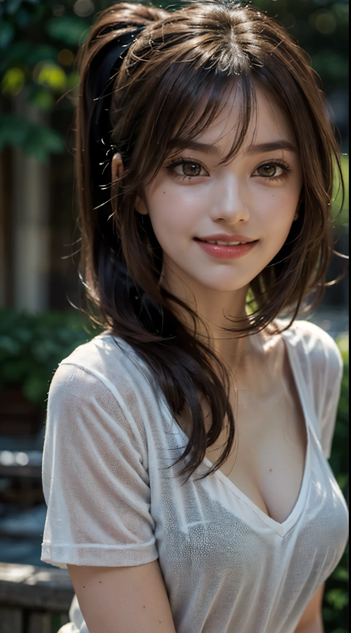 (8k, RAW photos,best quality, high resolution:1.1), (hyperrealistic:1.4),(realistic, photorealistic:1.3), soft light,big breasts,girl,realistic face,realistic body,realistic skin,absurdity,masterpiece,(cute:1.8), cuties, solo, (big breasts:1.2), detailed black eyes,innocent eyes,blusher,(t-shirt:1.2), cinema light,film grain,jewelry,earrings,((Medium hair:1.1)),((Floating Hair Novafrog Style)),cherry colored lips,hair ribbon,hair bow,ponytail,closeup,look viewer,long hair,upper body,open lips,upper teeth, (smiling eyes:0.6),((grinning:1.2)),depth of field, blurred background, eye focus, Bokeh,Young, 85mm Lens, f/1.4,Professional Lighting, Young,Portrait,Photon Mapping,Radiosity,Physically Based Rendering,No Bra