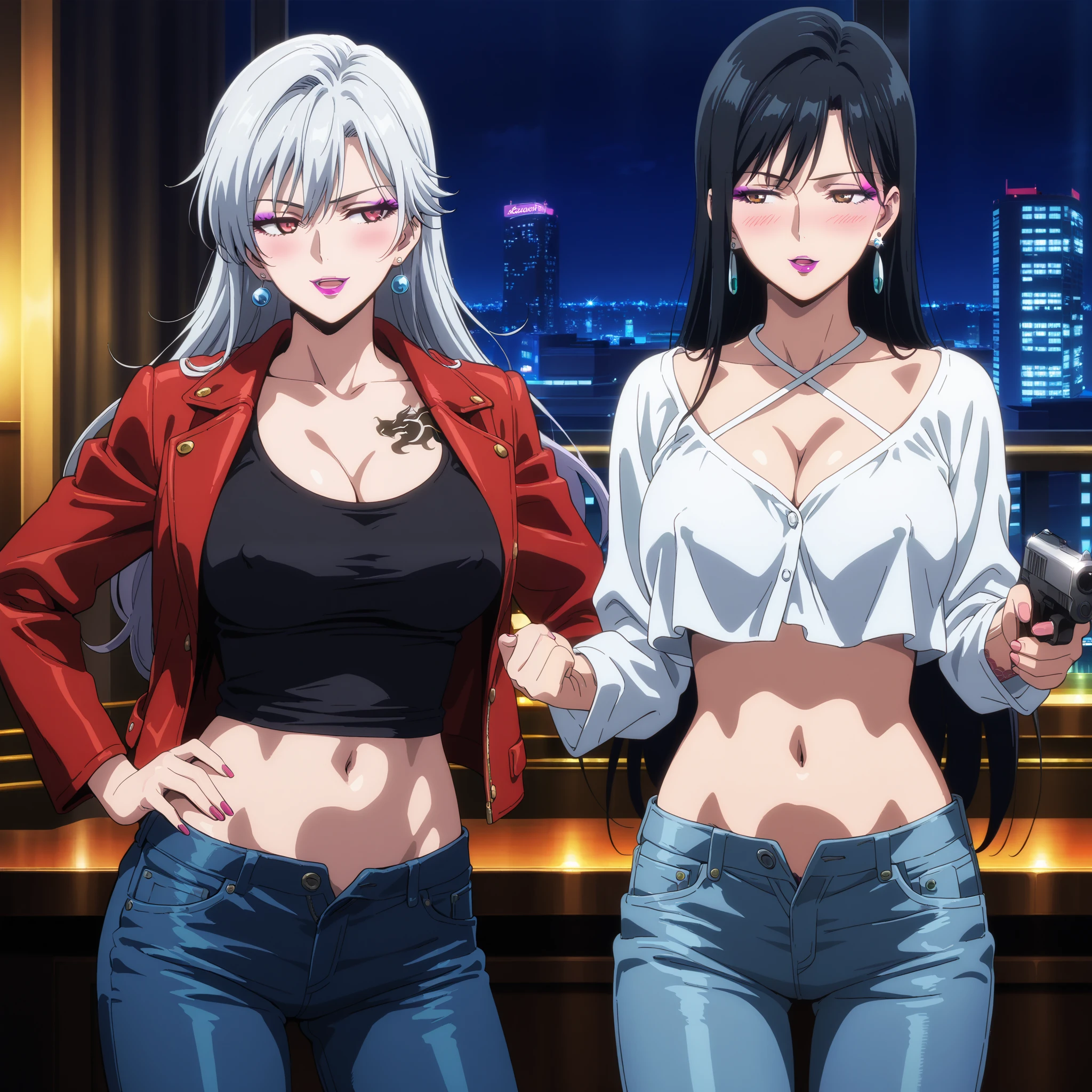 score_9, score_8_up, score_7_up, source_anime, anime screenshot,
2girls, two girls,, long hair, large breasts, makeup, lipstick, blush, lipstick,Hot girl, baddie, bad attitude, mean girl,, sensual, attractive, jewelry, earrings, bar background, inside bar,indoors, cityscape, casino, nightclub, city lights,masterpiece,high quality,4k,belly,,holding pistol,cleavage, unbuttoned shirt, shirt, knot, smile, open mouth, (nsfw) not safe for work, evil expression, exposed belly, exposed navel, exposed midriff, exposed lower belly, crop top overhang,jacket, unbuttoned jeans , low rise black jeans, Low rise jeans, Low rise jeans with open fly, , dragon tattoo, narrowed eyes, tattoo midriff, criss-cross halter,nipple slip