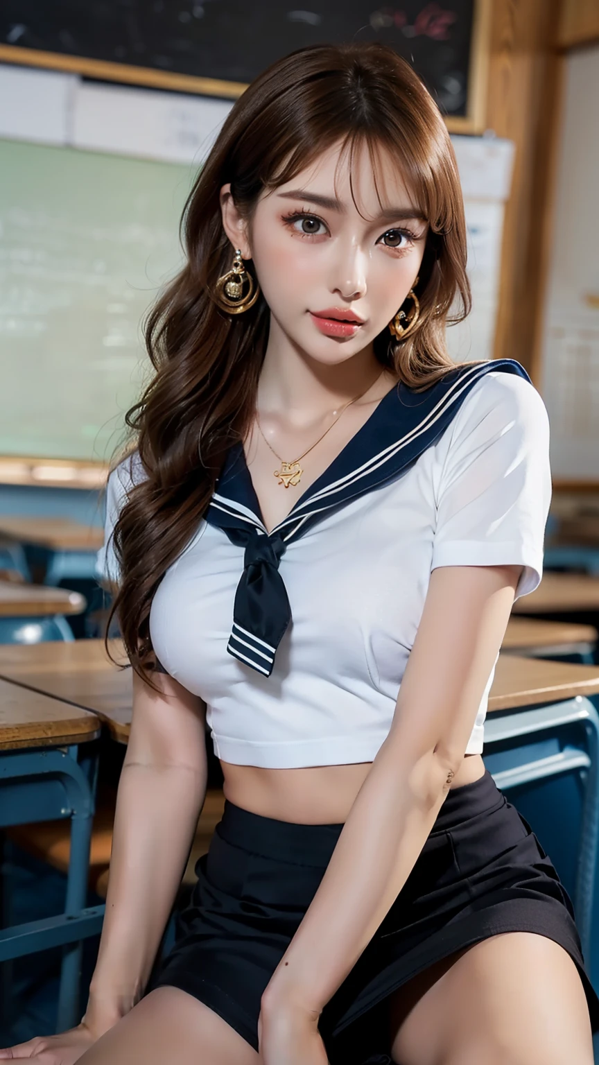 (masterpiece, best quality, 8k:1.2), (an extremely delicate and beautiful), (reality:1.3), extremely detailed wallpaper, super fine illustrations, (perfect face, perfect eyes, symmetrical eyes), (an extremely delicate and beautiful girl), (mature female:1.3), beautiful detailed eyes, finely detail, delicate face, masterwork, 1girl, delicate details, highres, ((highly detailed face, beautiful detailed face)), an extremely delicate and beautiful face, intricate detail, complex details, ultra-detailed, solo, (medium breasts:1.4), glamour, sexy, long hair, ((false eyelashes, makeup), (Sailor uniform, short sleeves, micro mini skirt, thighs, classroom)), ((necklace, earrings)), (cowboy shot:1.2), (sexy pose:1.2), looking at the viewer, in the center of the image,