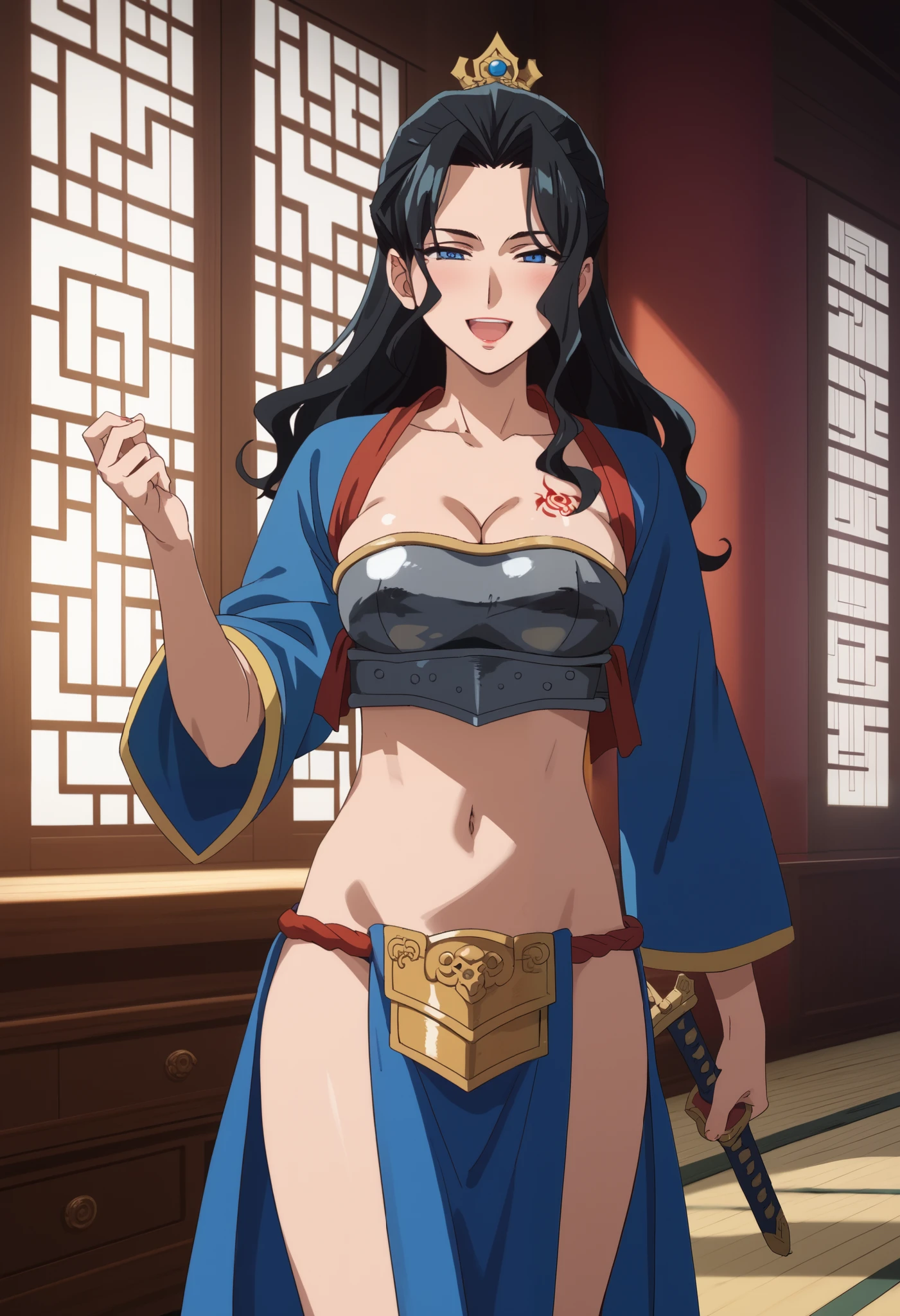 score_9, score_8_up, score_7_up, score_6_up, score_5_up, score_4_up, BREAK source_anime, 1girl, solo,
ChopioSuirei, black hair, long hair, wavy hair, blue eyes, lips, looking at viewer,
mature female, medium ,, long hair, blush, lipstick,Hot girl, baddie, sensual, attractive,
east asian architecture, masterpiece, best quality, highly detailed, fantasy , a anime girls in armored dress holding a sword
posing for a picture, evil smile, smile, open mouth, breastplate with open cleavage, cleavage, warrior
outfit, anime style, anime girls, style, () , , digital anime art!!, in
anime style, official artwork, visual novel cg, beautiful anime girl, anime style 4 k , loincloth, exposed
belly, exposed navel, exposed midriff, exposed lower belly, pencil skirt armored, castle,inside castle, dragon tattoo, narrowed eyes, tattoo midriff