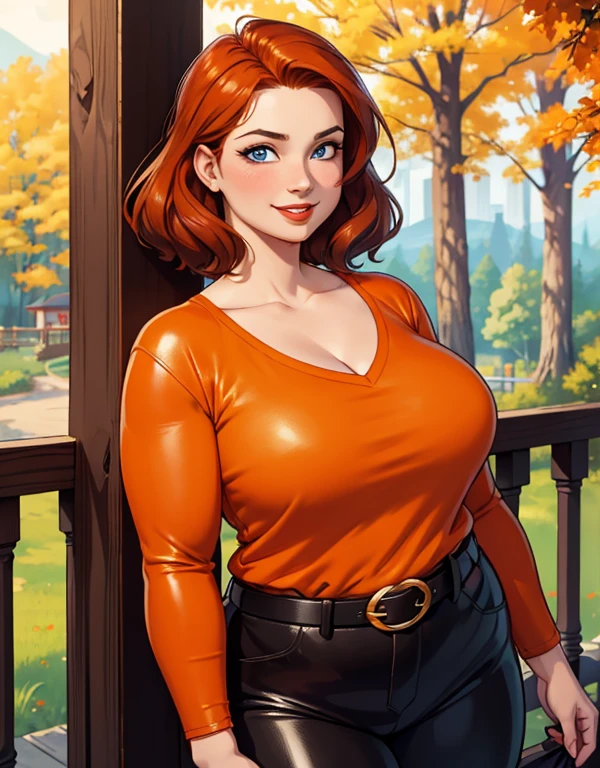 (masterpiece, best quality:1.2), <lora:linda_flynn-fletcher:.9>, linda_flynn-fletcher, 1girl, jewelry, earrings, solo, lipstick, hairband, makeup, breasts, large breasts, orange hair, short hair, crossed legs, pants, smile, sweater vest, green pants, sitting, outdoors, beach, day, looking at viewer, wariza, sky, closed mouth, blue sky, umbrella, cloud, sand, seiza, beach umbrella