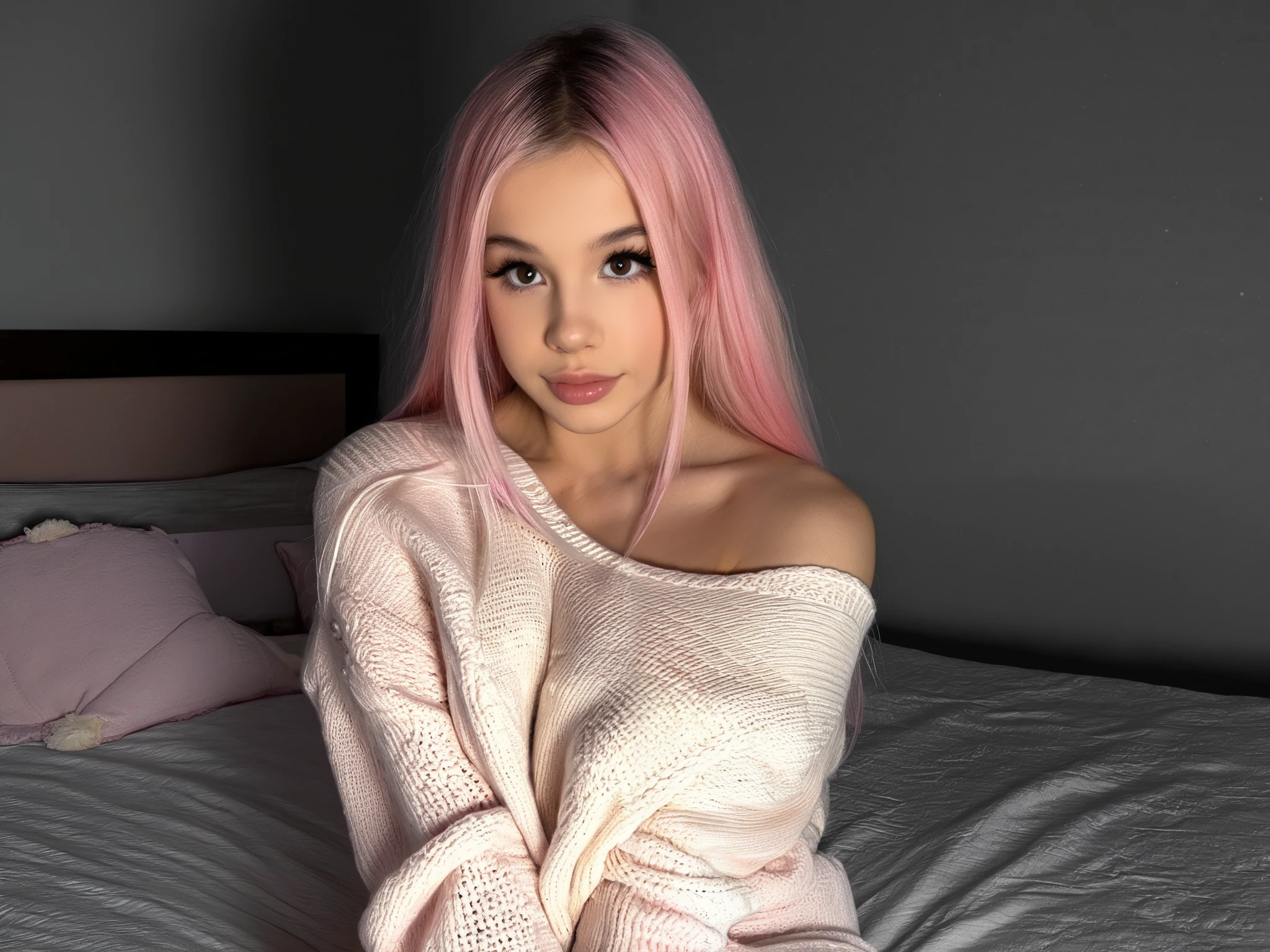 Stable_Yogis_PDXL_Positives
score_9, score_8_up, score_7_up, score_6_up, 1girl, solo, long pink hair, wearing an oversized beige knit sweater that falls off one shoulder, medium breasts subtly outlined by the textured fabric, sitting cross-legged on the bed with her hands hidden in the folds of the sweater, her head tilted slightly and her gaze warm and playful, blush, soft natural lighting, cozy and stylish vibe.
