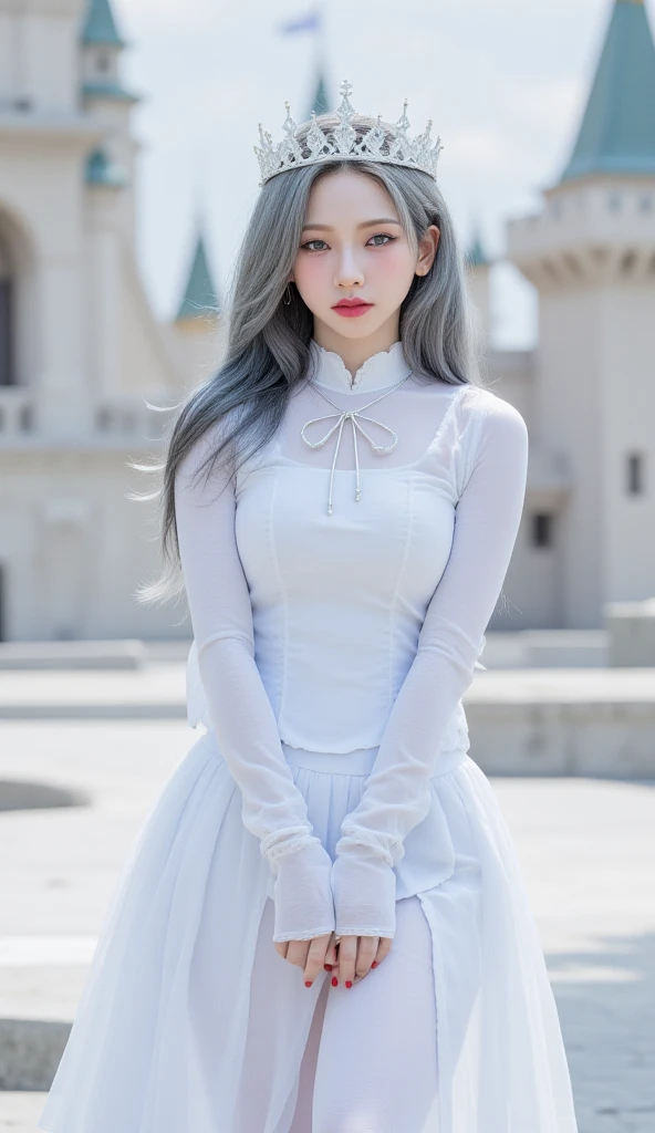 A princess is kneeling , with both hands behind her body , body bent forward , Facing front, background of a castle of white color, wearing a white long-sleeved formal shirt, using a long maxi skirt to the toe of white color , gray-white hair , using a crown of white color, flaming red lips, neck tied with rope