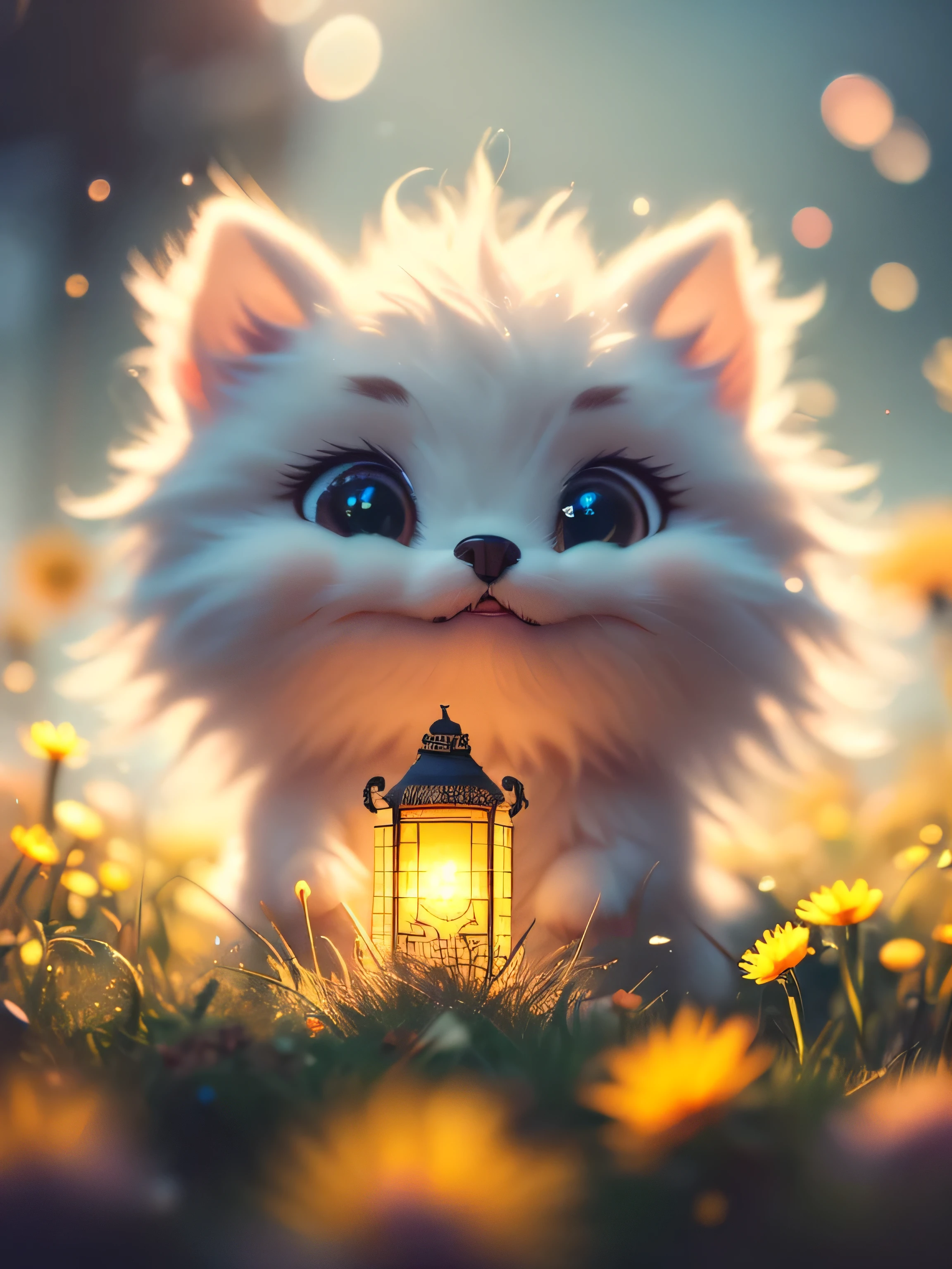 (Best Quality, Super Detail, Masterpiece, Representative Work, Official Art, Professional, Super Detail, 8k:1.3) (Photorealistic:1.2) Mystical plain in white dandelions. Very cute mythical graceful transparent anthropomorphic furry creature holds a lamp. thin arms, fragile thread legs. Natural Lighting, Soft Background, Photorealistic, Shining Eyes, Sharp Focus, Cute and Mischievous Look, Hint of Mischief, Dreamy Atmosphere, Delicate Details, Soft Volumetric Light, (Backlight:1.3), (Cinematic:1.2), Intricate Details, (ArtStation:1.3)