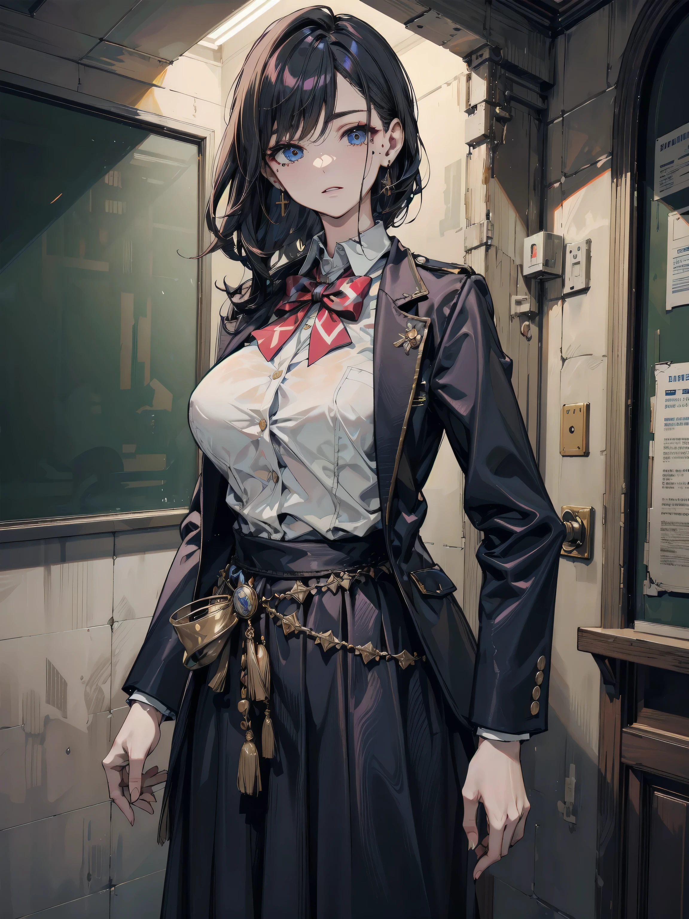 <lora:JOJO'S_BIZARRE_ADVENTURE_Part1and2_ComicStyle-000055:0.75> <lora:dmc3_lady-10:0.8> dmc3lady, scar, heterochromia, shirt, plaid skirt, necklace, pouch, masterpiece, best quality, extremely detailed, highly quality, 4k, sharp focus, professional, sharp focus, award winning, cinematic lighting, octane render, unreal engine, volumetrics dtx, Wallpaper,