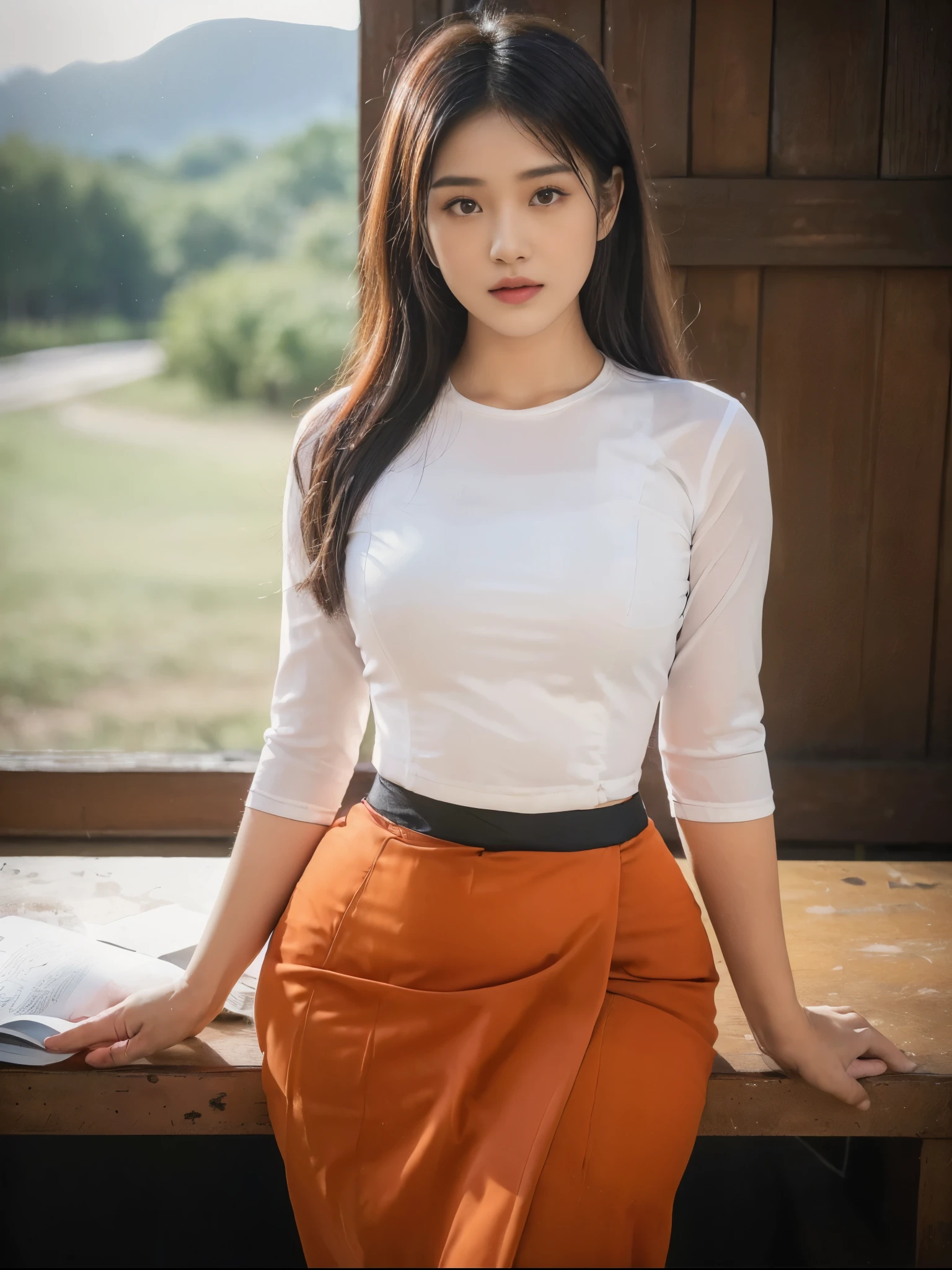 ((Best Quality, 8k, Masterpiece:1.3))), Crisp Focus: 1.2, (Beautiful Woman with Perfect Figure: 1.4) , wearing ninja mask, Burmese girl,all fours down, ,((Myanmar Teacher And Student Outfit, wearing acmm Pale Orange color top,wearing acmm dark red colour long skirt, ))beside view,,In the forest background ,film effect 、best position,best composition, perspective view, ultra wide view,(best quality,4K,8K,highres,masterpiece:1.2),ultra-detailed,(realistic,photorealistic,photo-realistic:1.37),HDR,studio lighting,sharp focus,