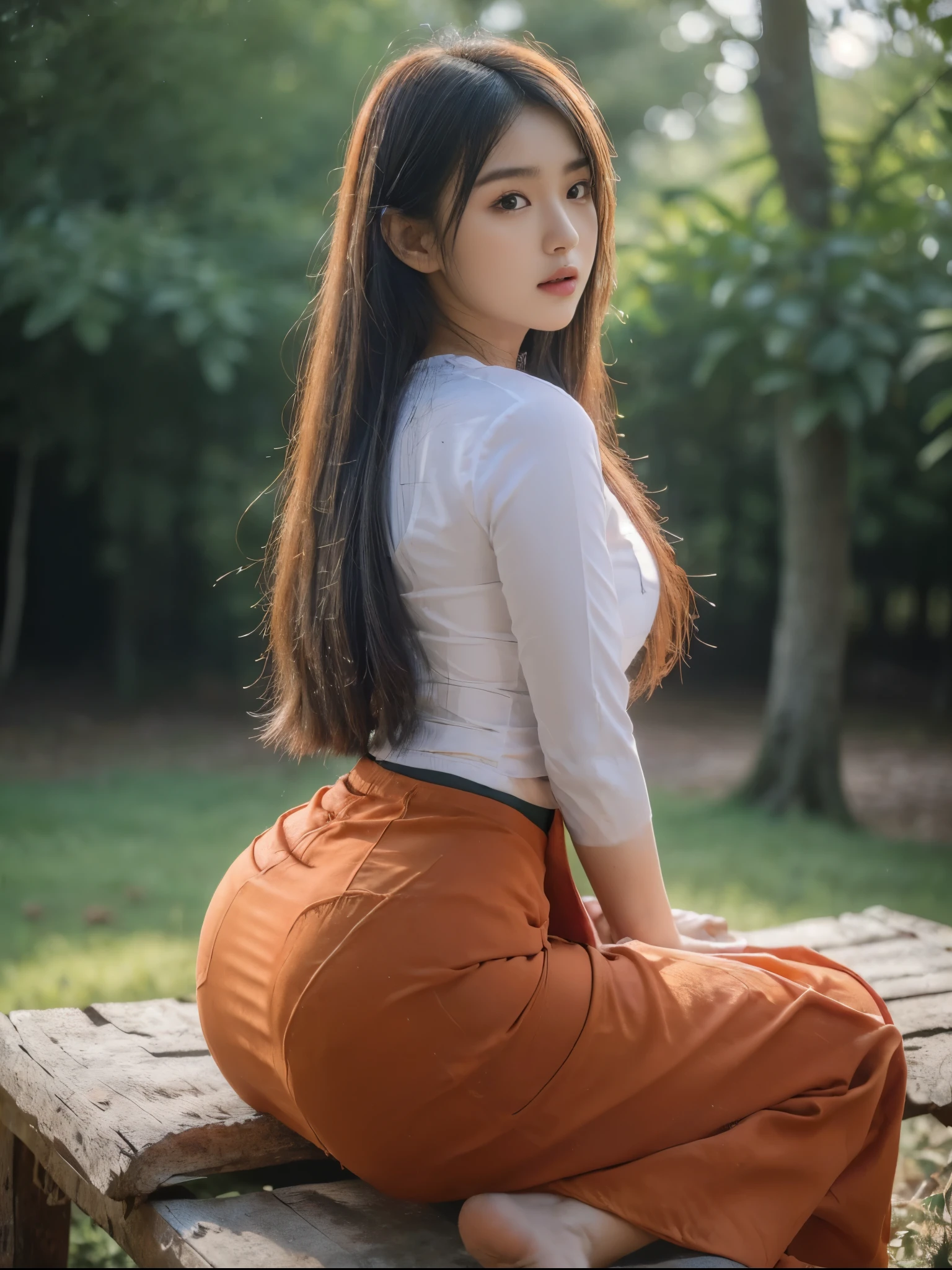 ((Best Quality, 8k, Masterpiece:1.3))), Crisp Focus: 1.2, (Beautiful Woman with Perfect Figure: 1.4) , wearing ninja mask, Burmese girl,all fours down, ,((Myanmar Teacher And Student Outfit, wearing acmm Pale Orange color top,wearing acmm dark red colour long skirt, ))beside view,,In the forest background ,film effect 、best position,best composition, perspective view, ultra wide view,(best quality,4K,8K,highres,masterpiece:1.2),ultra-detailed,(realistic,photorealistic,photo-realistic:1.37),HDR,studio lighting,sharp focus,