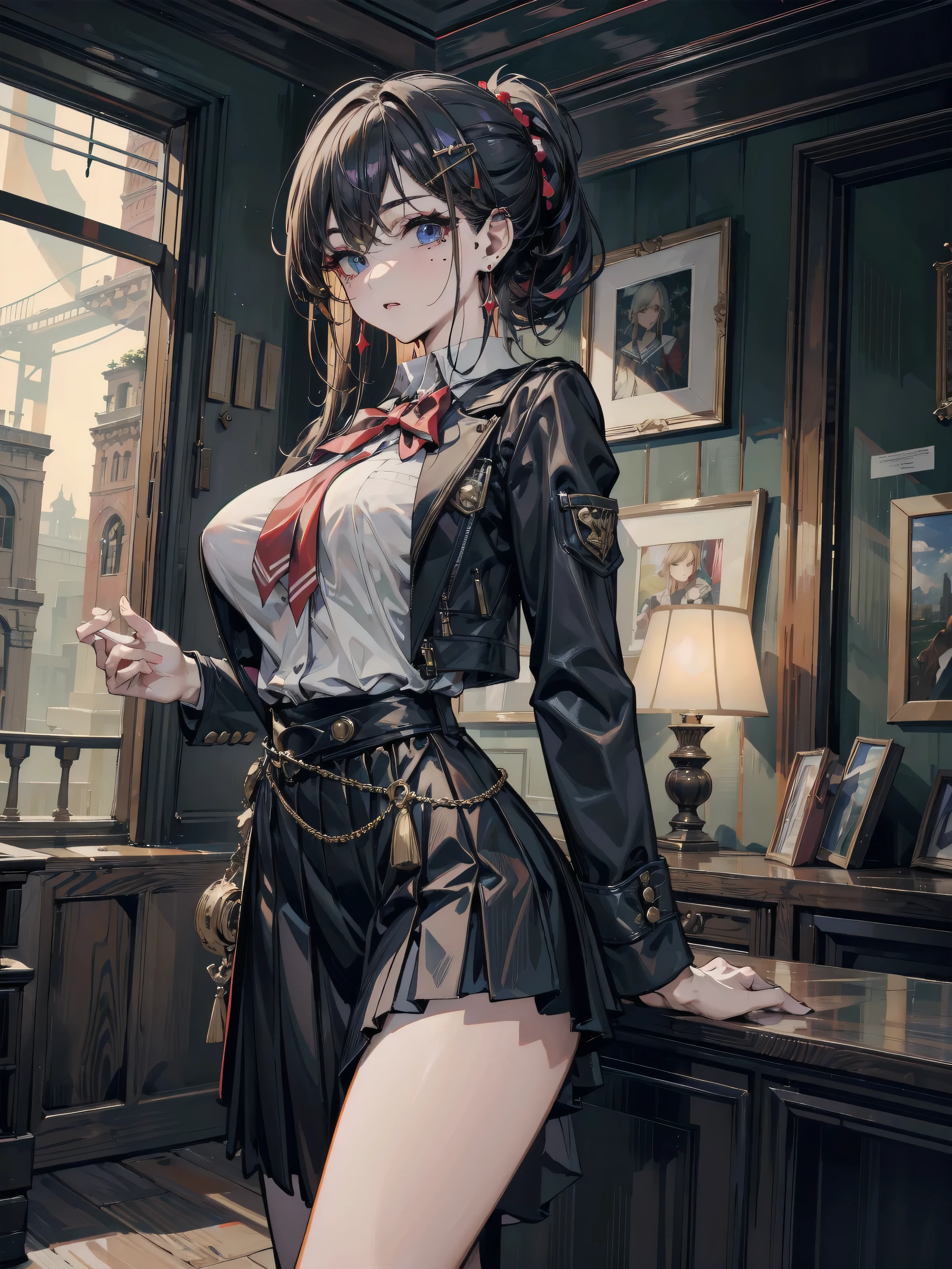 (absurdres, RAW photo, extremely delicate and beautiful, masterpiece, Best Quality, ultra high resolution, 32k, hyperrealistic, ultra-detailed, perfect anatomy, anatomically correct:1.2), perfect figure, Perfect Style, Perfect balance, super Detailed skin, in her 20s, very Slim body, narrow waist, very small head, very small face, delicate facial features, handsome detailed woman, very detailed eyes and face, realistic face proportions, Realistic beautiful face, Realistic beautiful eyes, tearful mole, earring, very huge round breasts, whole body shot, whole legs, medium hair, asymmetrical hair, indoor, knitted shirt, skirt, tie,