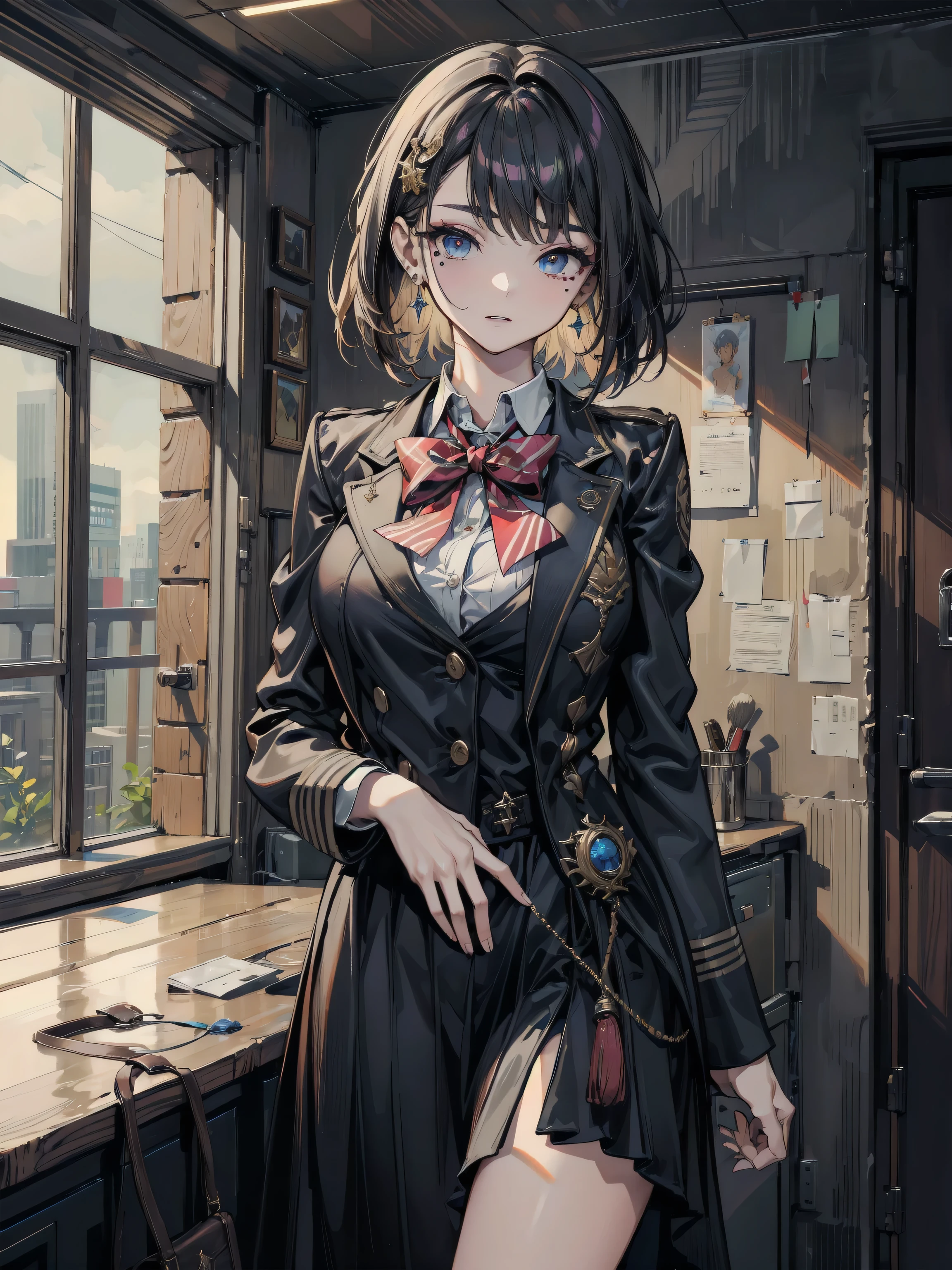 Anime girl in a black dress and red bow tie standing in a room - SeaArt AI